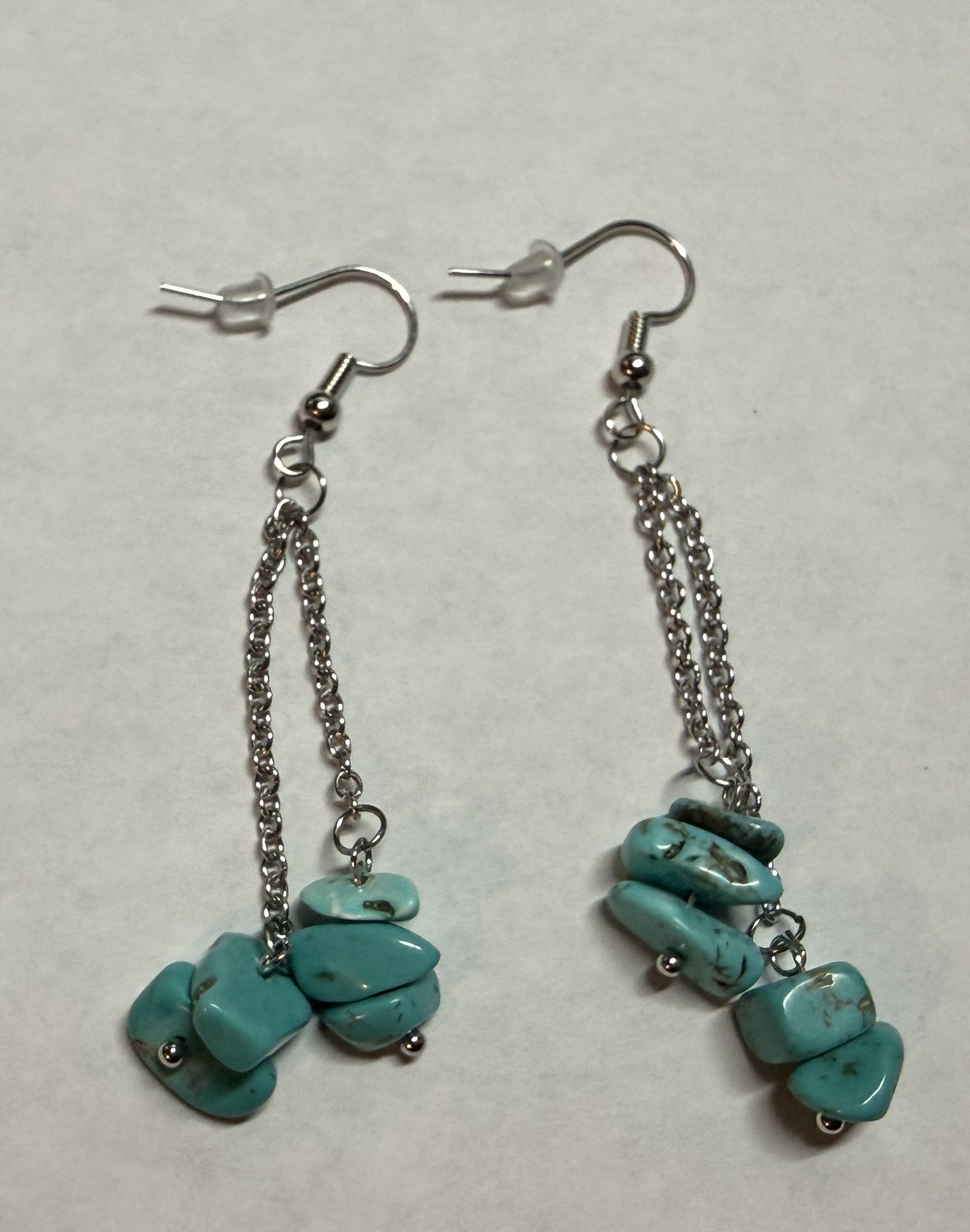 Turquoise Stone Dangle Earrings – Silver Tone Chain Drop Earrings