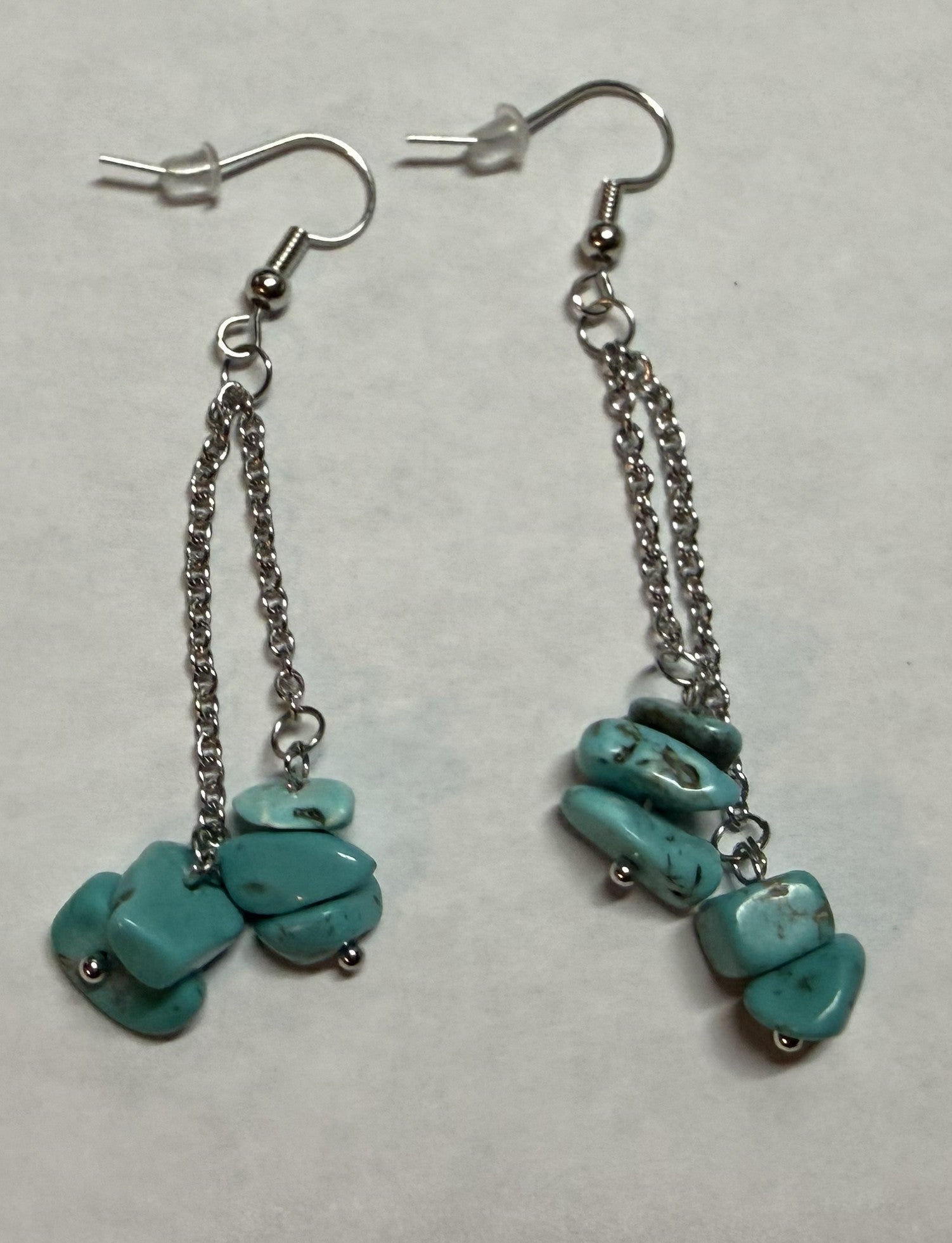 Turquoise Stone Dangle Earrings – Silver Tone Chain Drop Earrings