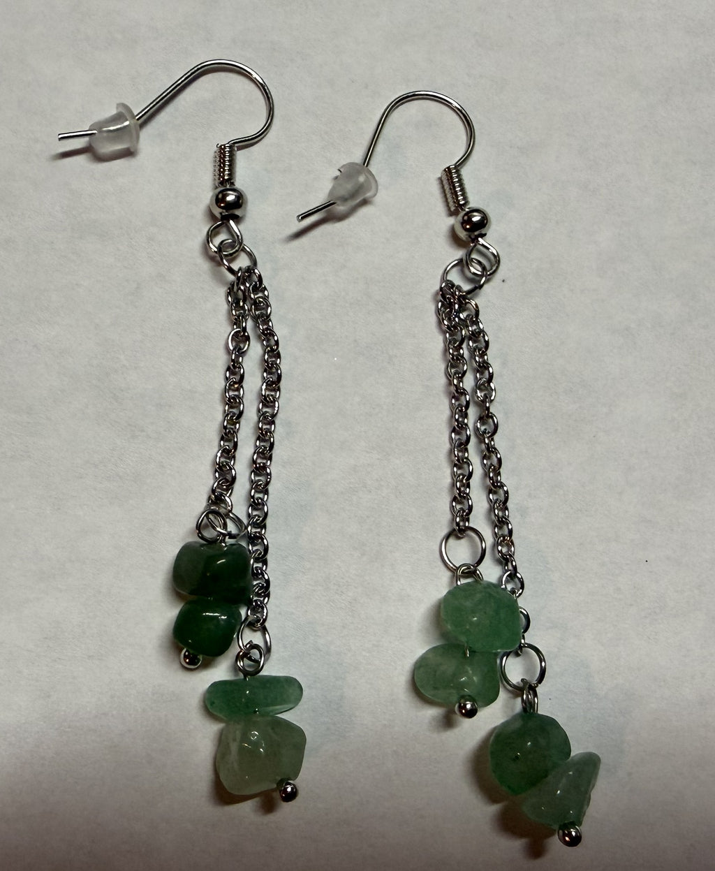 Green Stone Dangle Earrings – Silver Tone Chain Drop Earrings