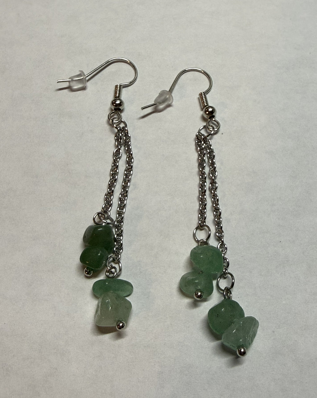 Green Stone Dangle Earrings – Silver Tone Chain Drop Earrings