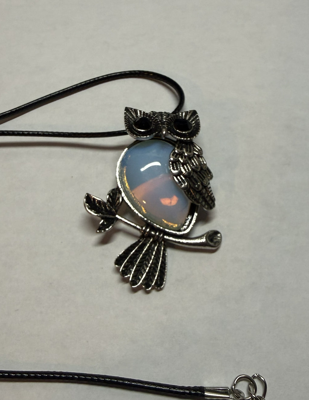 Mystical Owl Pendant Necklace – Opalite Stone Look on 18" Faux Leather Cord