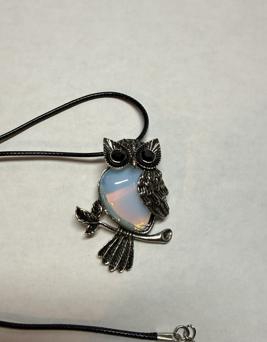 Mystical Owl Pendant Necklace – Opalite Stone Look on 18" Faux Leather Cord