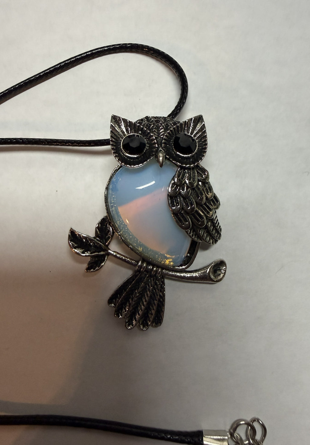 Mystical Owl Pendant Necklace – Opalite Stone Look on 18" Faux Leather Cord