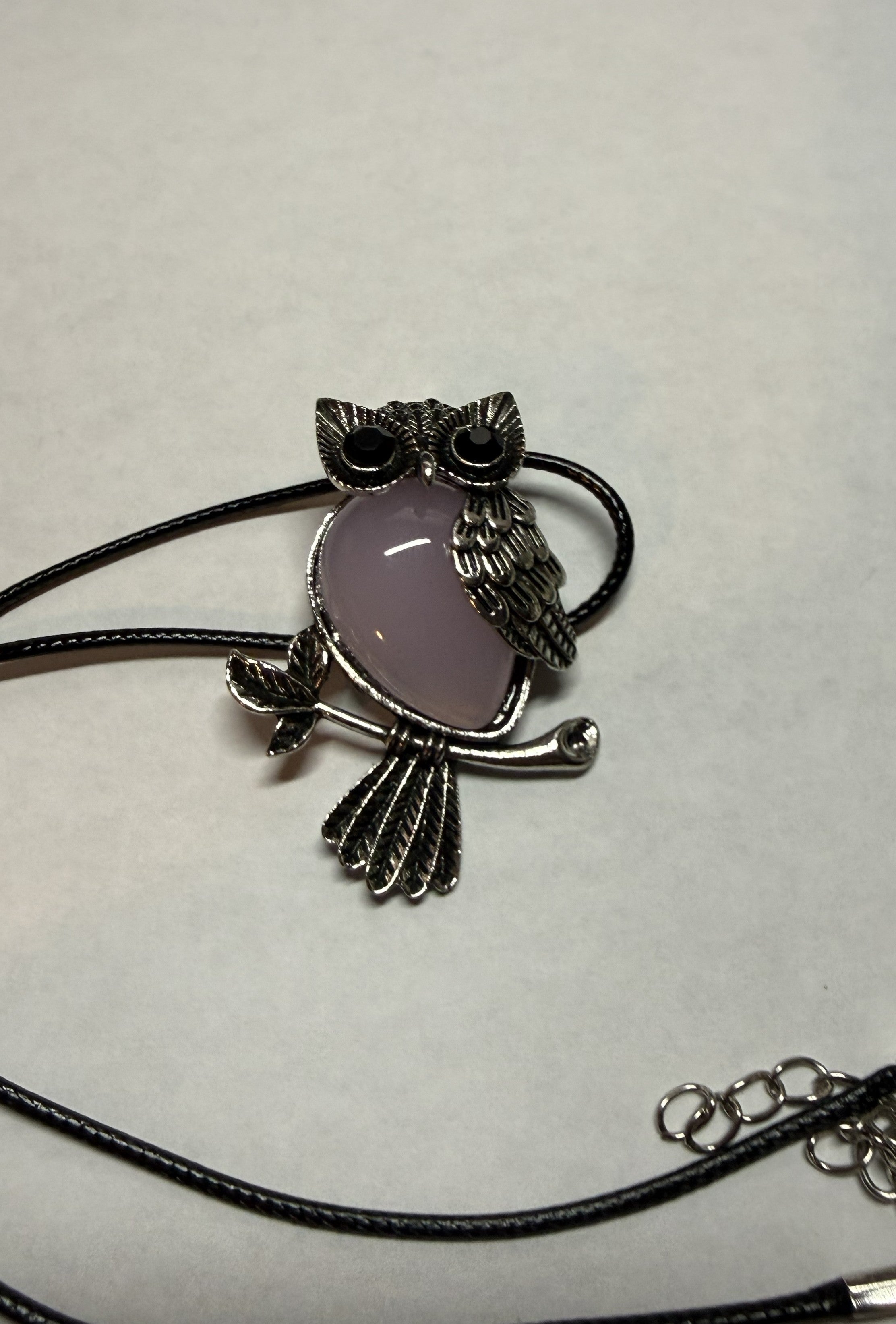 Pink Owl Pendant Necklace – Silver Tone Charm on 18" Faux Leather Cord