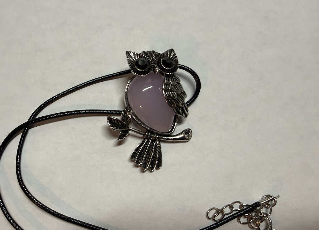 Pink Owl Pendant Necklace – Silver Tone Charm on 18" Faux Leather Cord