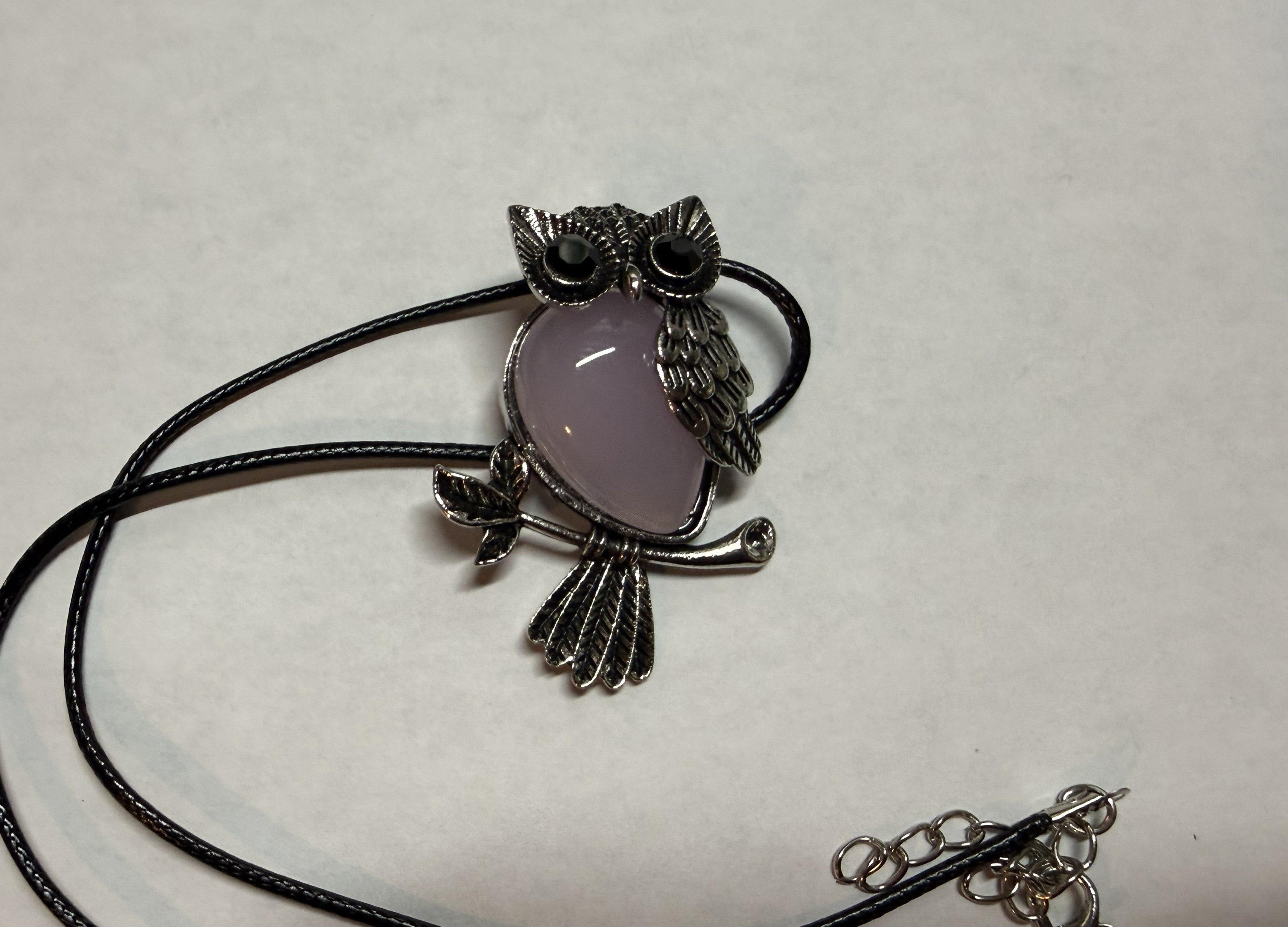 Pink Owl Pendant Necklace – Silver Tone Charm on 18" Faux Leather Cord