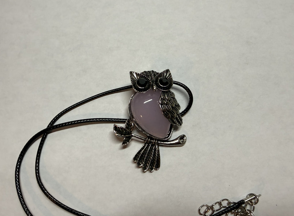 Pink Owl Pendant Necklace – Silver Tone Charm on 18" Faux Leather Cord