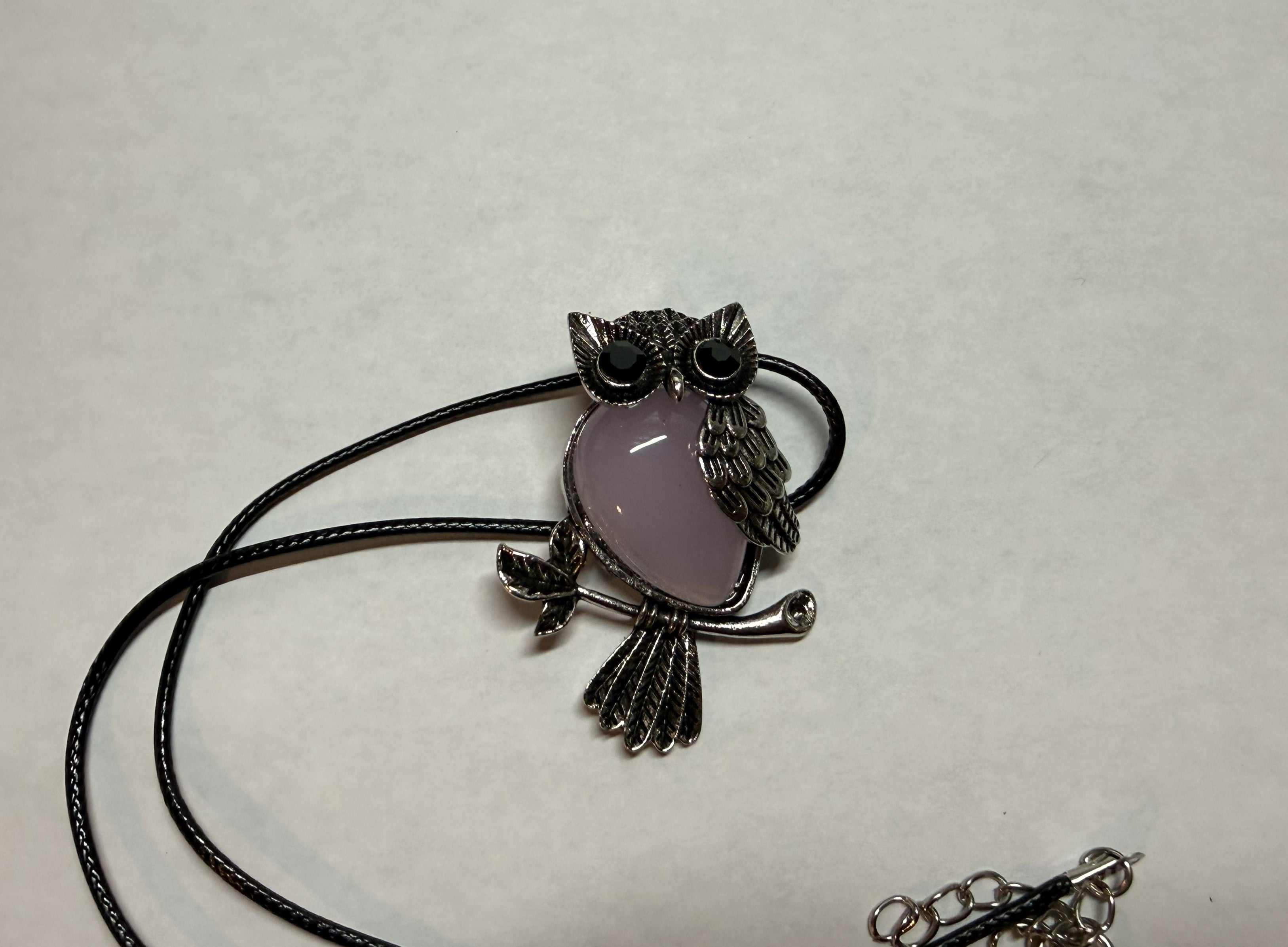 Pink Owl Pendant Necklace – Silver Tone Charm on 18" Faux Leather Cord