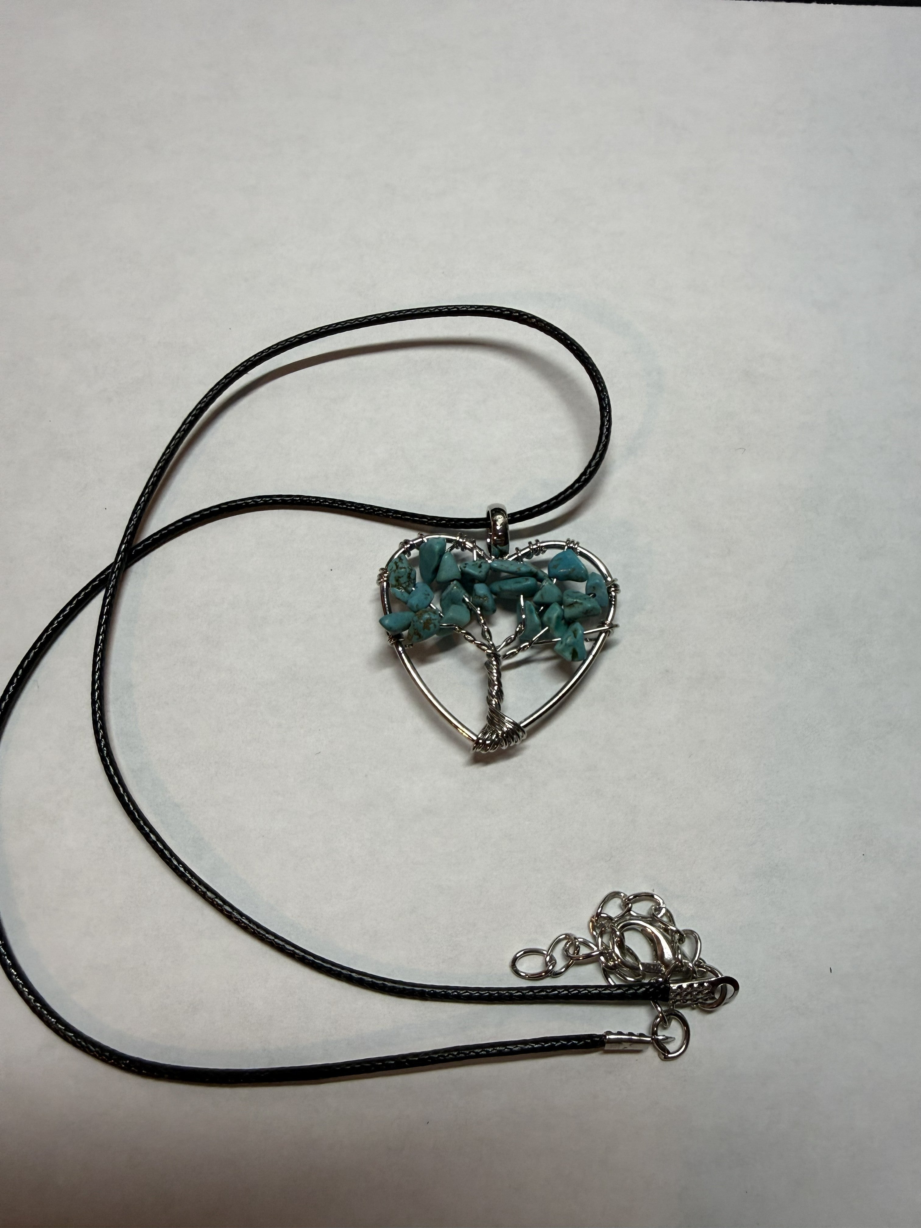 Turquoise Natural Agate Tree of Life Heart Necklace on 18" Faux Leather Cord – Boho Spiritual Pendant Gift