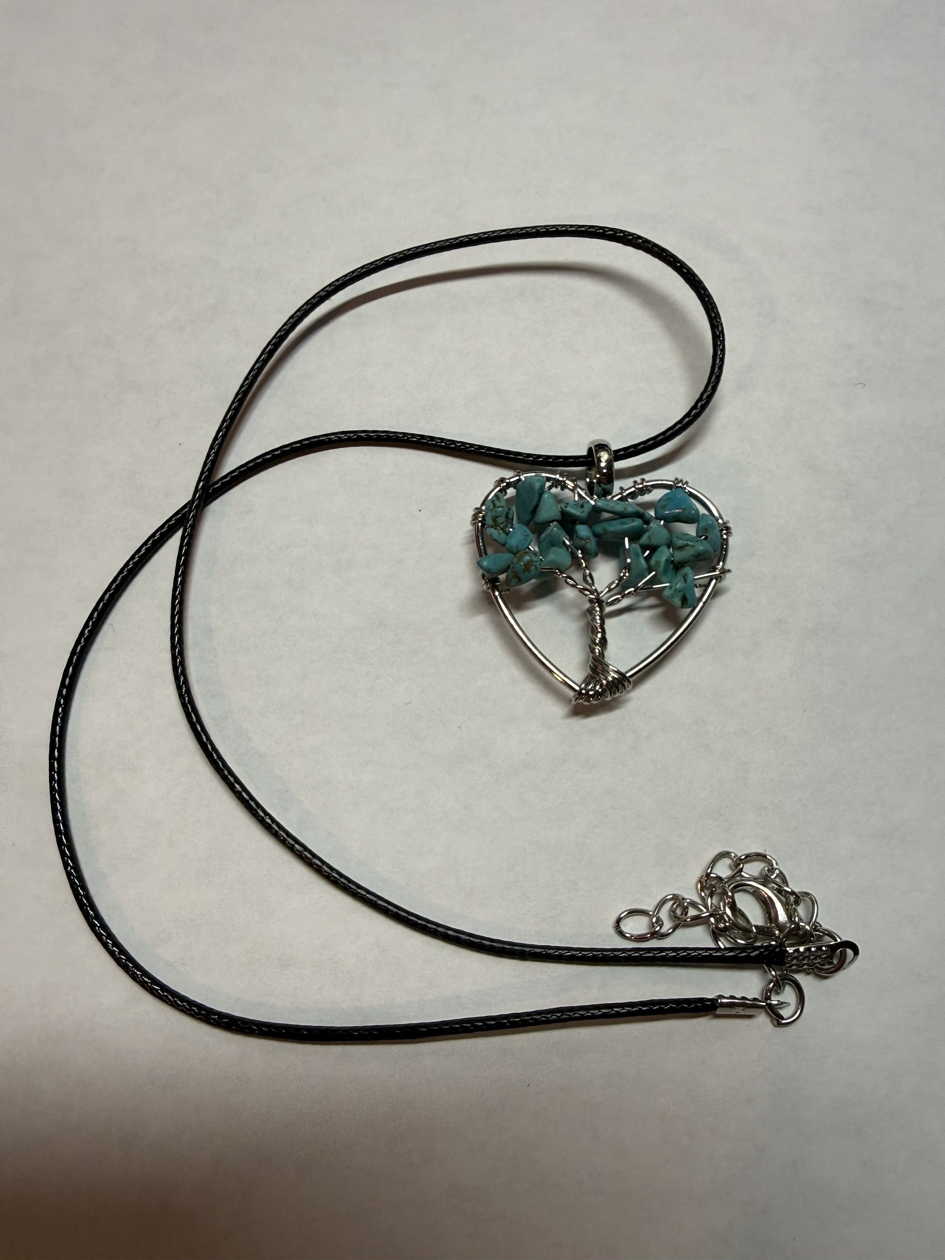 Turquoise Natural Agate Tree of Life Heart Necklace on 18" Faux Leather Cord – Boho Spiritual Pendant Gift