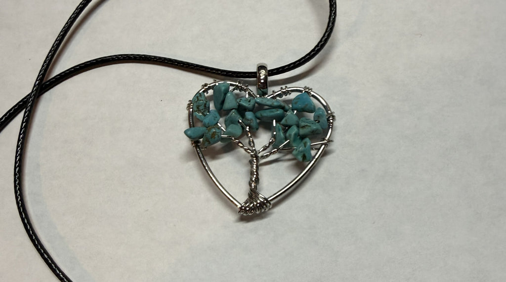 Turquoise Natural Agate Tree of Life Heart Necklace on 18" Faux Leather Cord – Boho Spiritual Pendant Gift