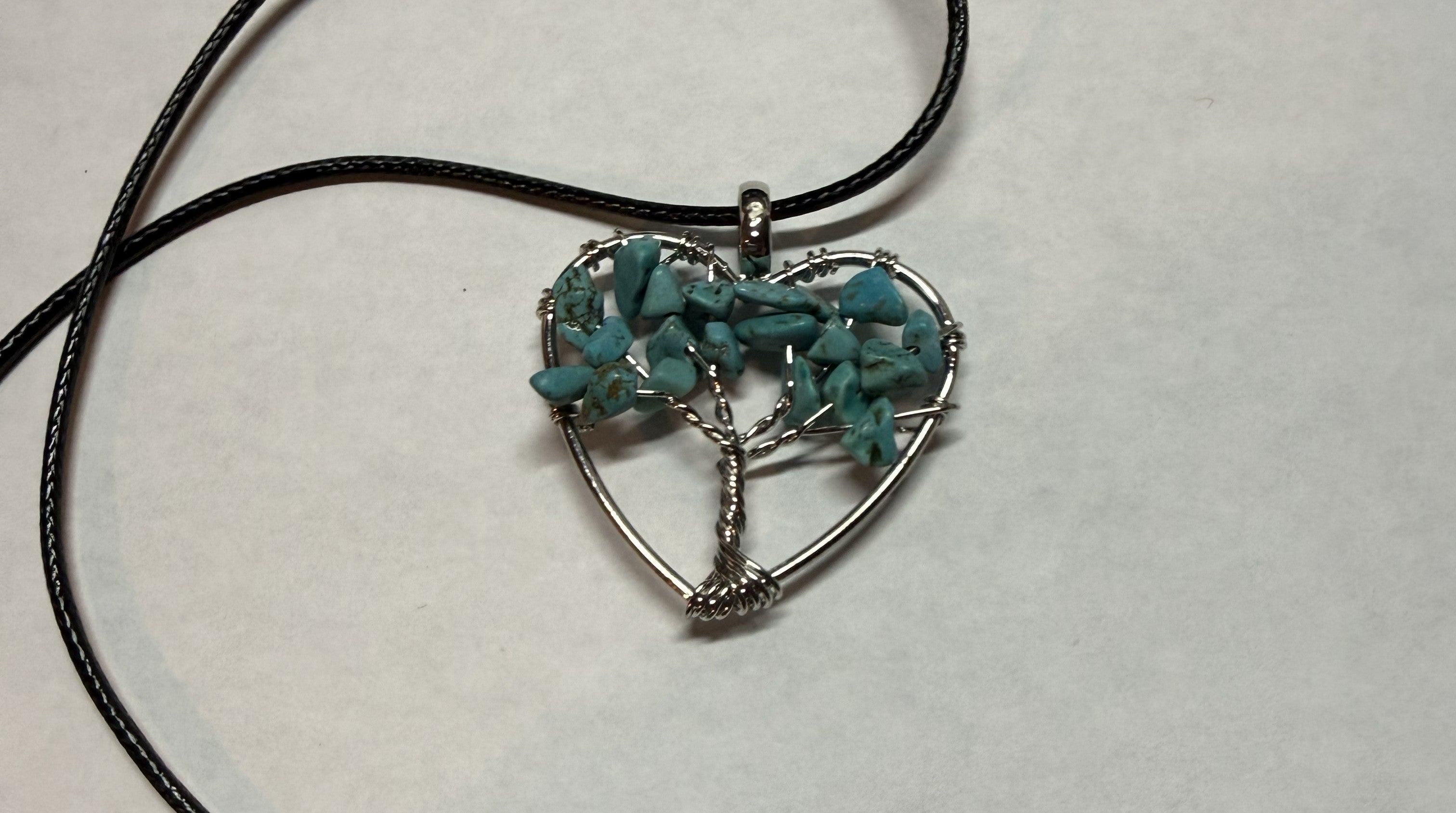 Turquoise Natural Agate Tree of Life Heart Necklace on 18" Faux Leather Cord – Boho Spiritual Pendant Gift