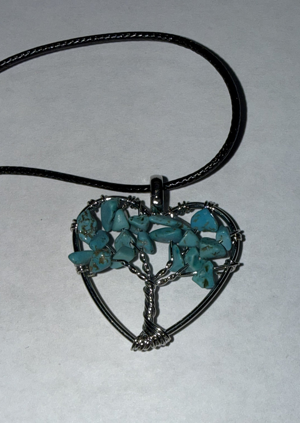 Turquoise Natural Agate Tree of Life Heart Necklace on 18" Faux Leather Cord – Boho Spiritual Pendant Gift