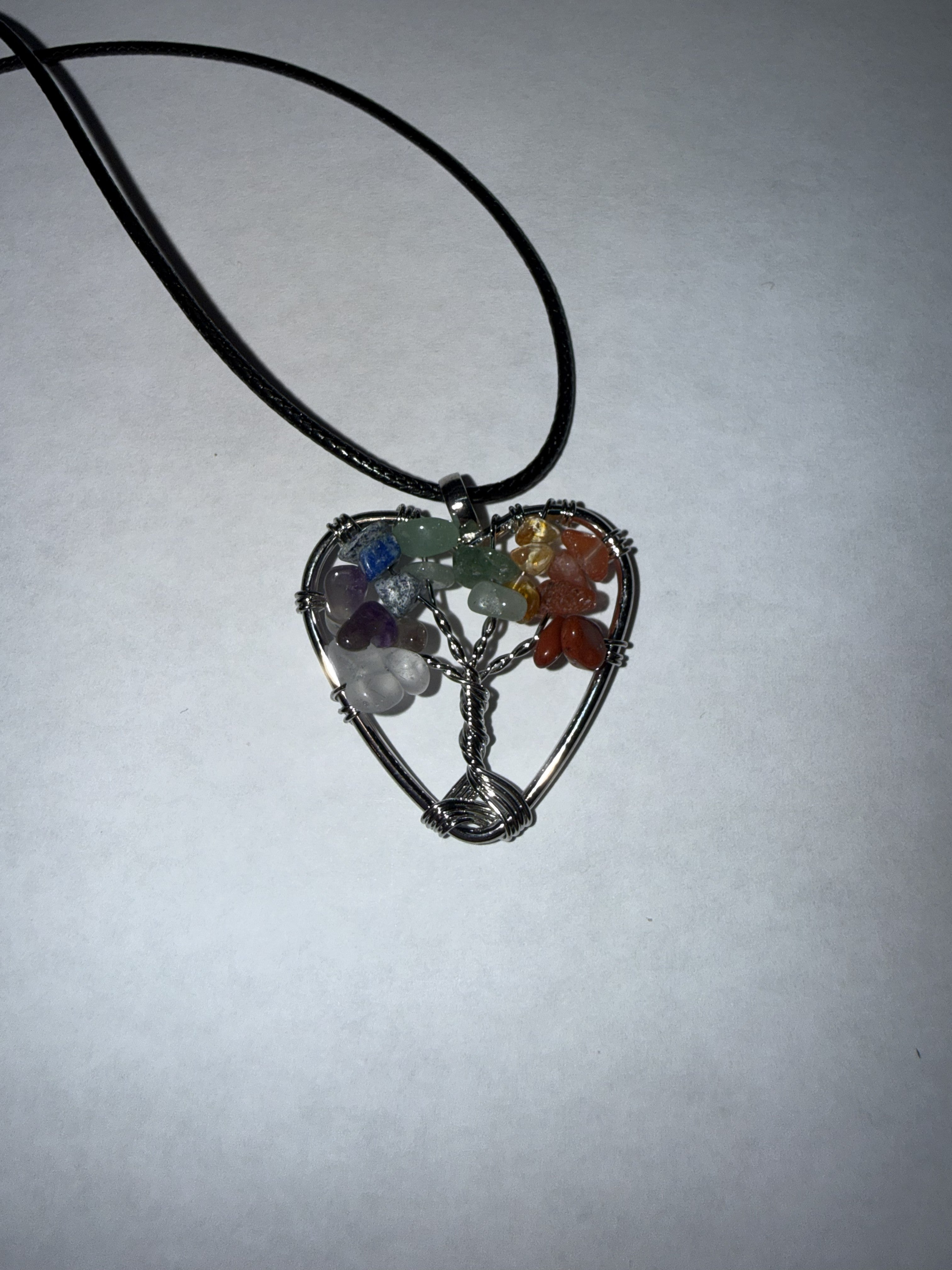 Rainbow Natural Agate Tree of Life Heart Necklace on 18" Faux Leather Cord – Boho Spiritual Pendant Gift