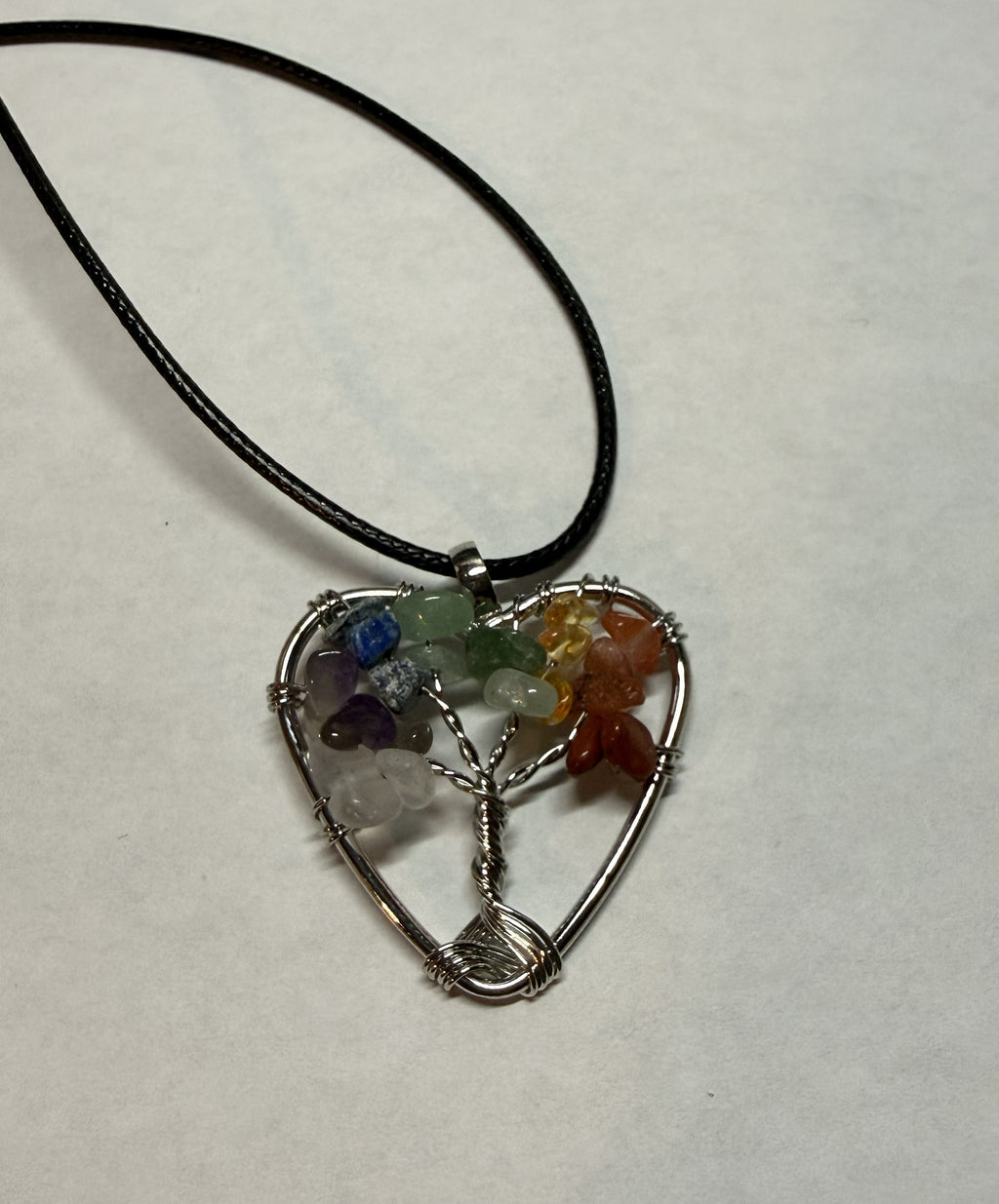 Rainbow Natural Agate Tree of Life Heart Necklace on 18" Faux Leather Cord – Boho Spiritual Pendant Gift