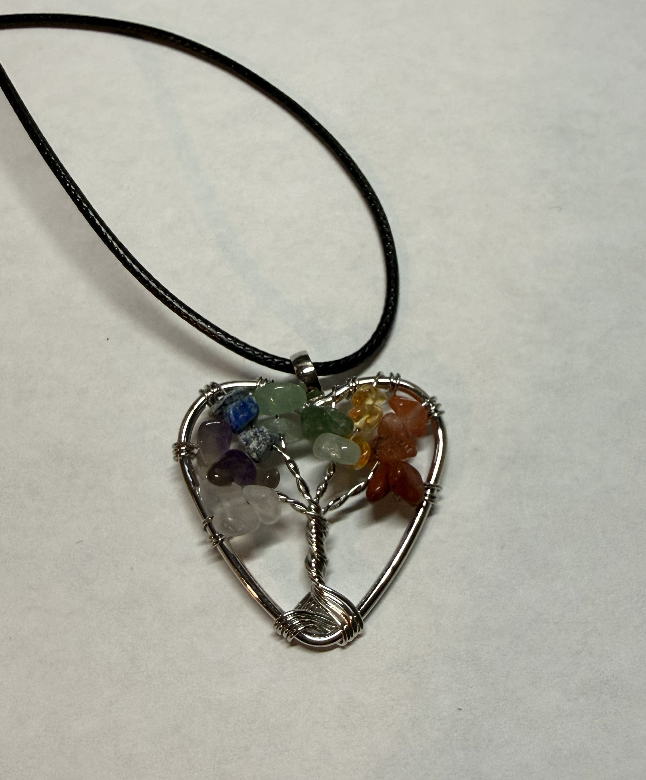 Rainbow Natural Agate Tree of Life Heart Necklace on 18" Faux Leather Cord – Boho Spiritual Pendant Gift