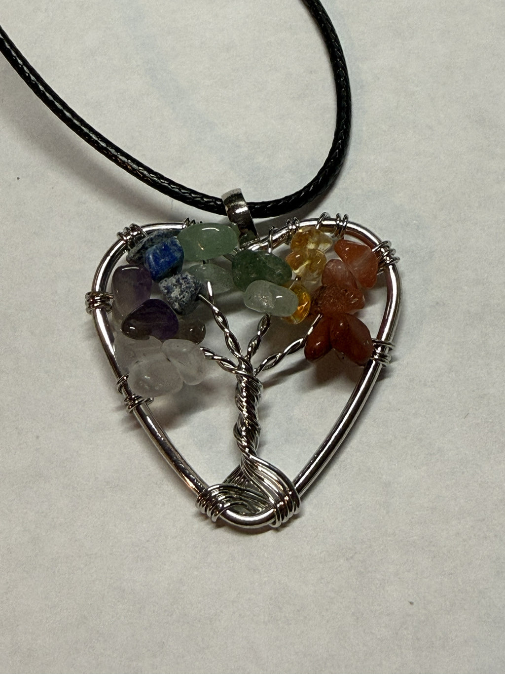 Rainbow Natural Agate Tree of Life Heart Necklace on 18" Faux Leather Cord – Boho Spiritual Pendant Gift