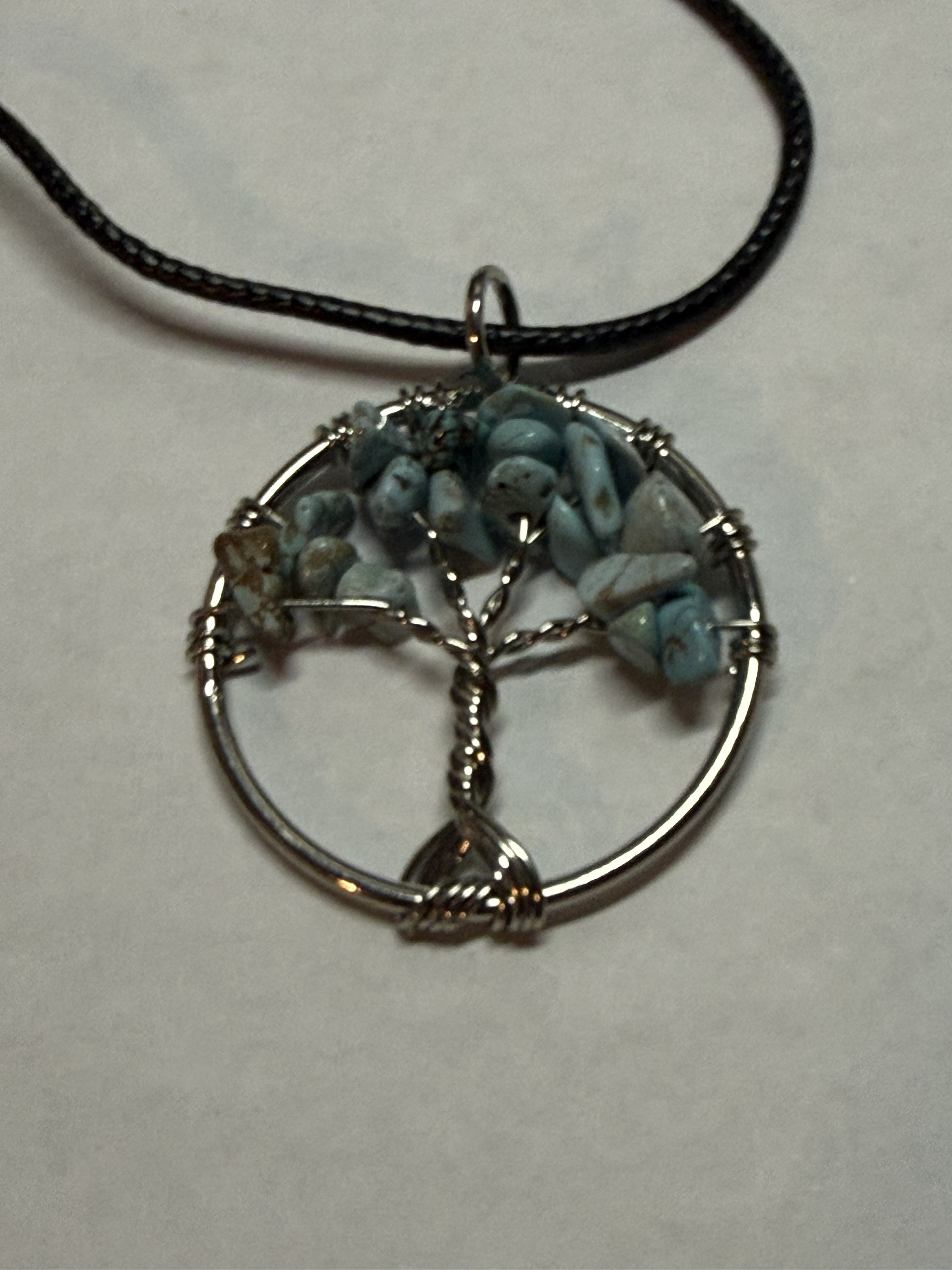 Turquoise Natural Agate Tree of Life Circle Necklace on 18" Faux Leather Cord – Boho Spiritual Pendant Gift