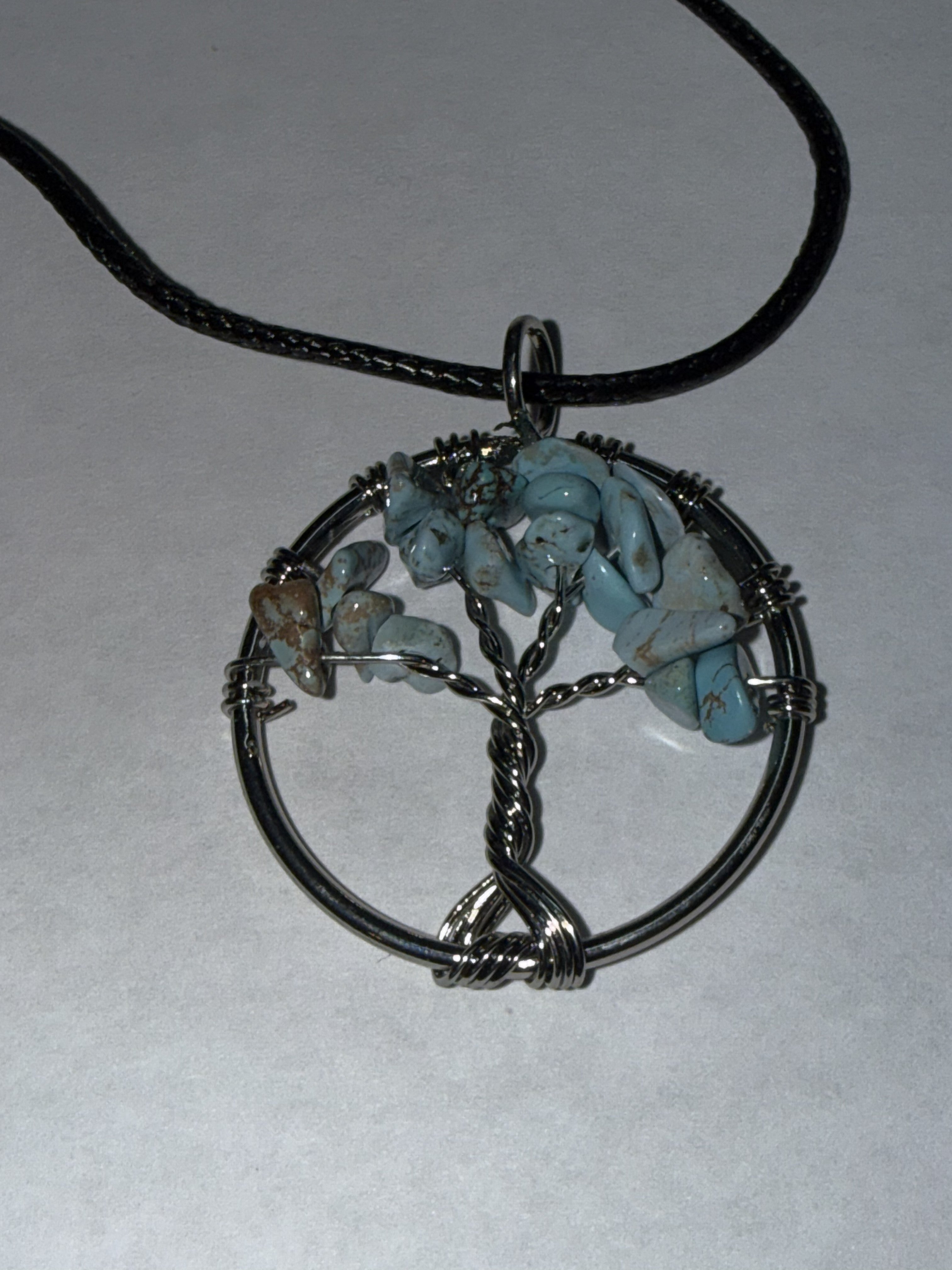 Turquoise Natural Agate Tree of Life Circle Necklace on 18" Faux Leather Cord – Boho Spiritual Pendant Gift