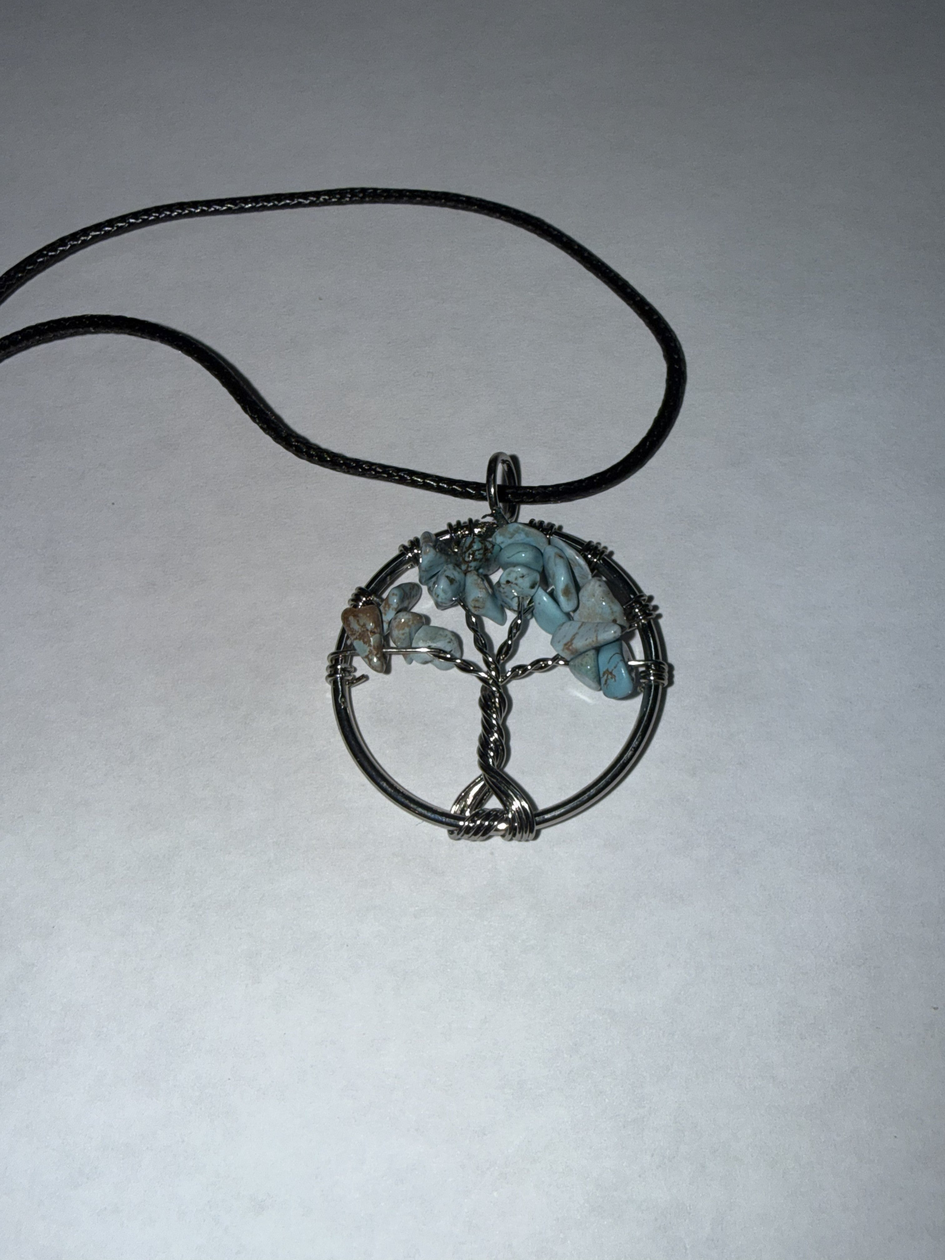 Turquoise Natural Agate Tree of Life Circle Necklace on 18" Faux Leather Cord – Boho Spiritual Pendant Gift