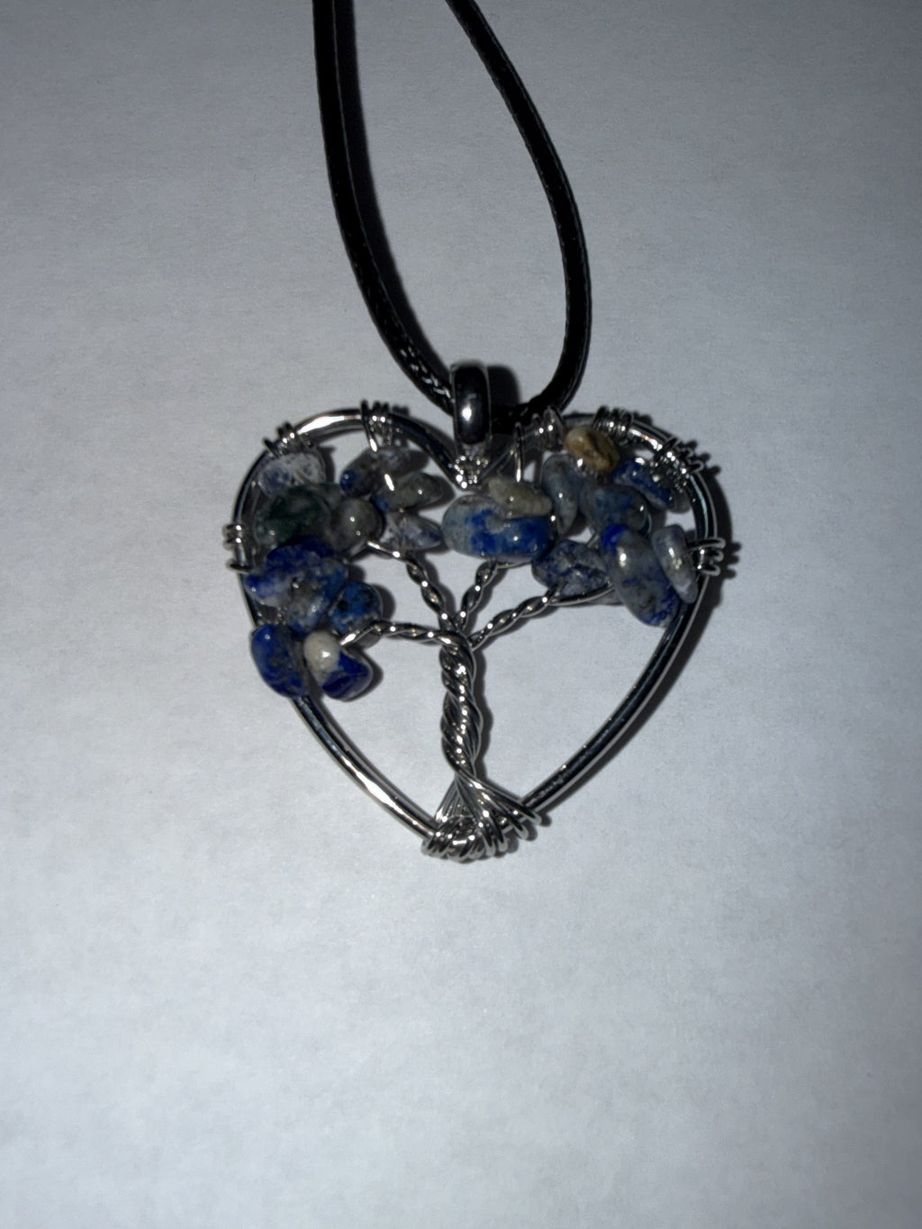 Blue Natural Agate Tree of Life Heart Necklace on 18" Faux Leather Cord – Boho Spiritual Pendant Gift