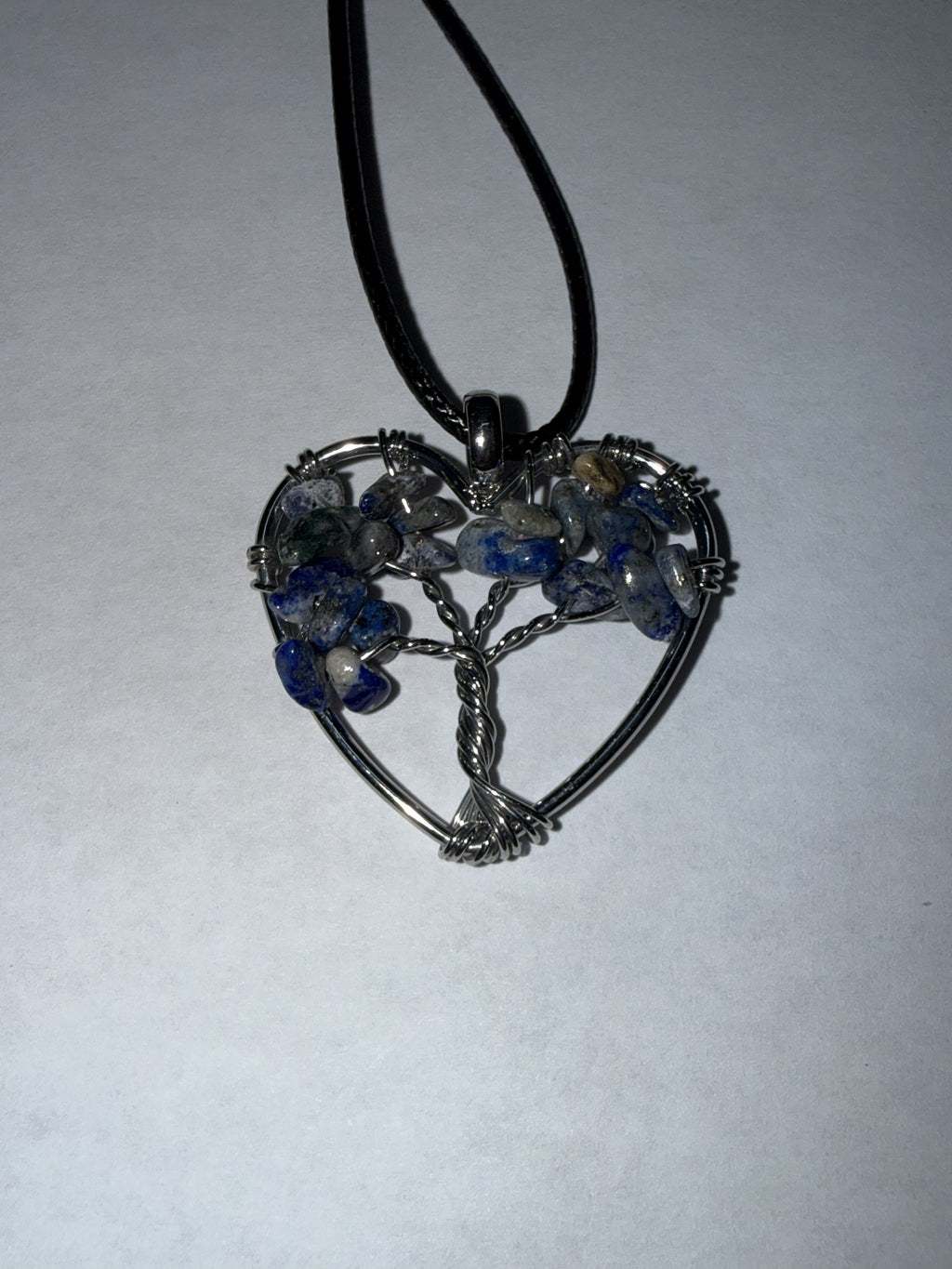 Blue Natural Agate Tree of Life Heart Necklace on 18" Faux Leather Cord – Boho Spiritual Pendant Gift