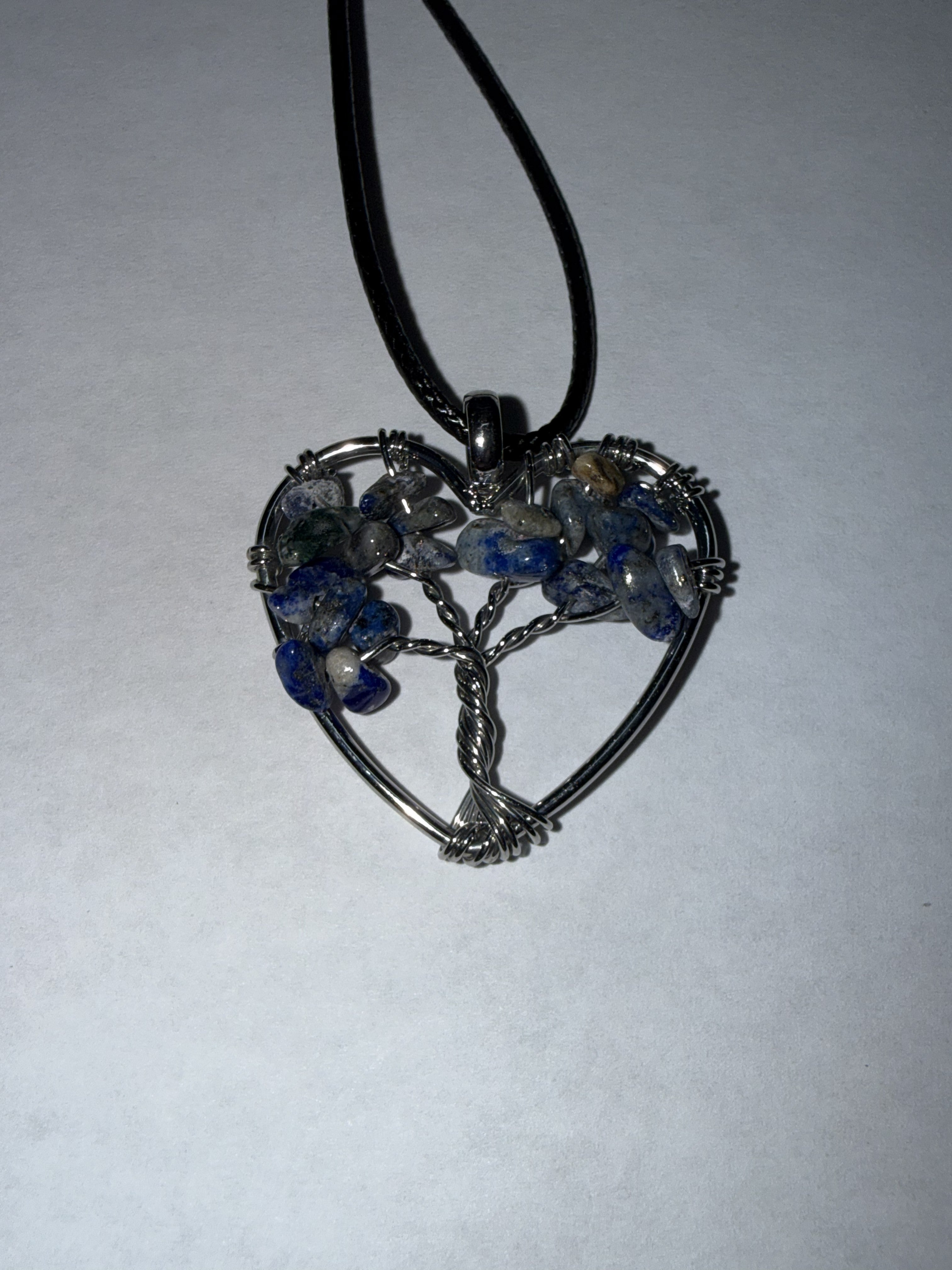 Blue Natural Agate Tree of Life Heart Necklace on 18" Faux Leather Cord – Boho Spiritual Pendant Gift