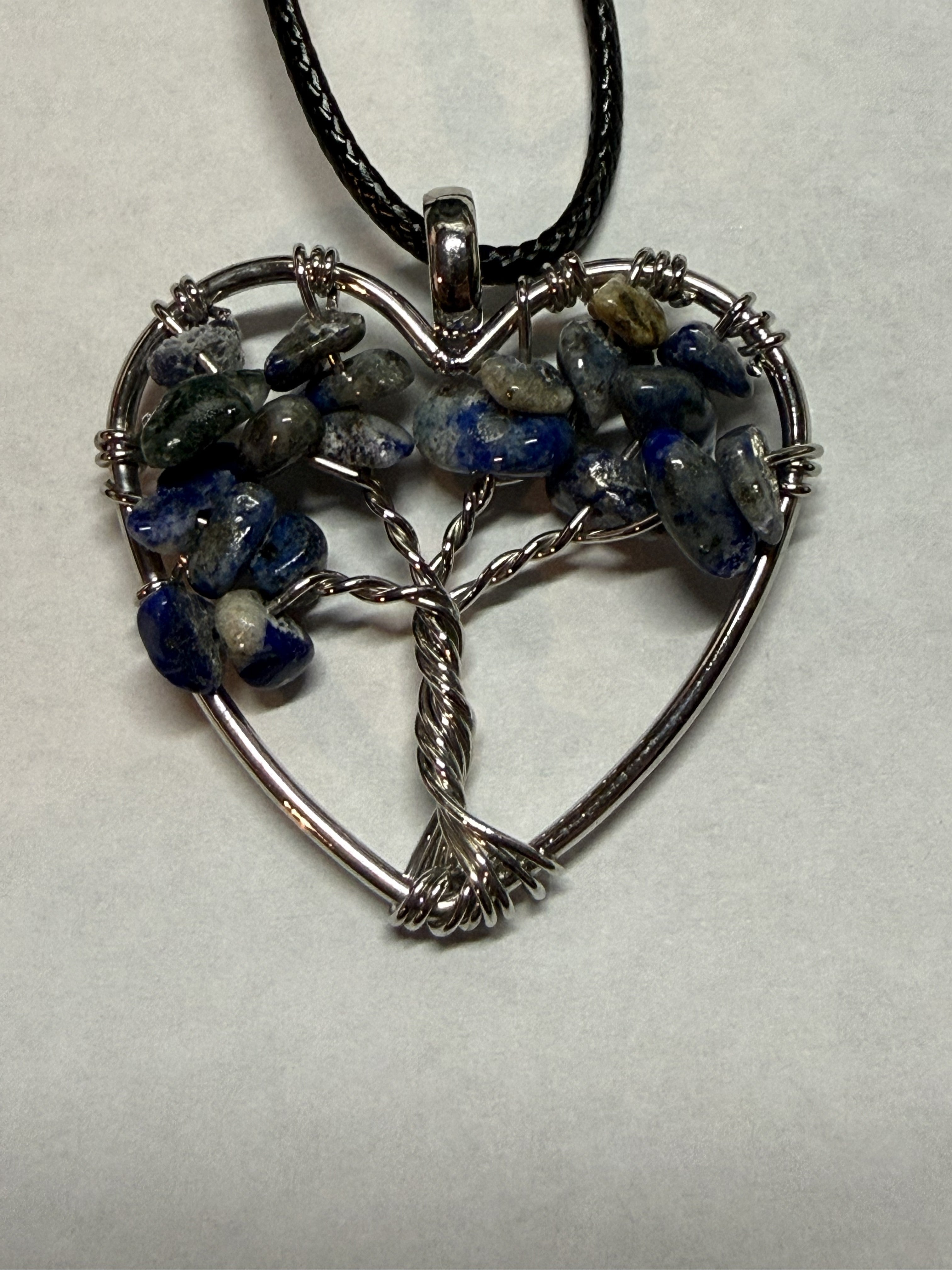 Blue Natural Agate Tree of Life Heart Necklace on 18" Faux Leather Cord – Boho Spiritual Pendant Gift