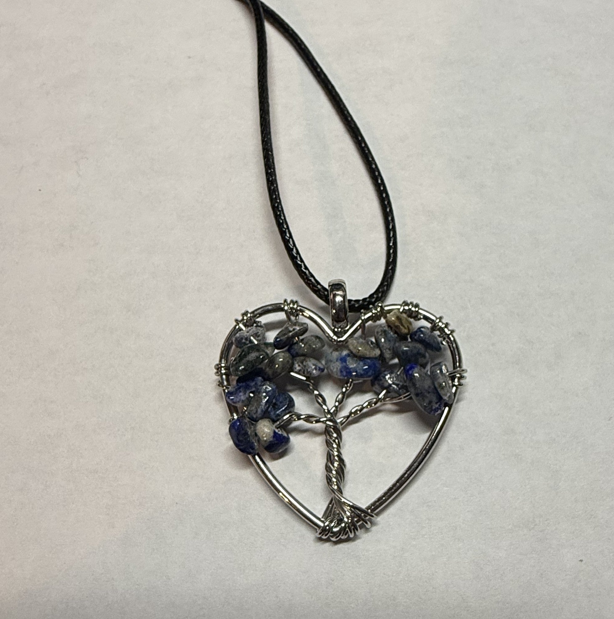 Blue Natural Agate Tree of Life Heart Necklace on 18" Faux Leather Cord – Boho Spiritual Pendant Gift