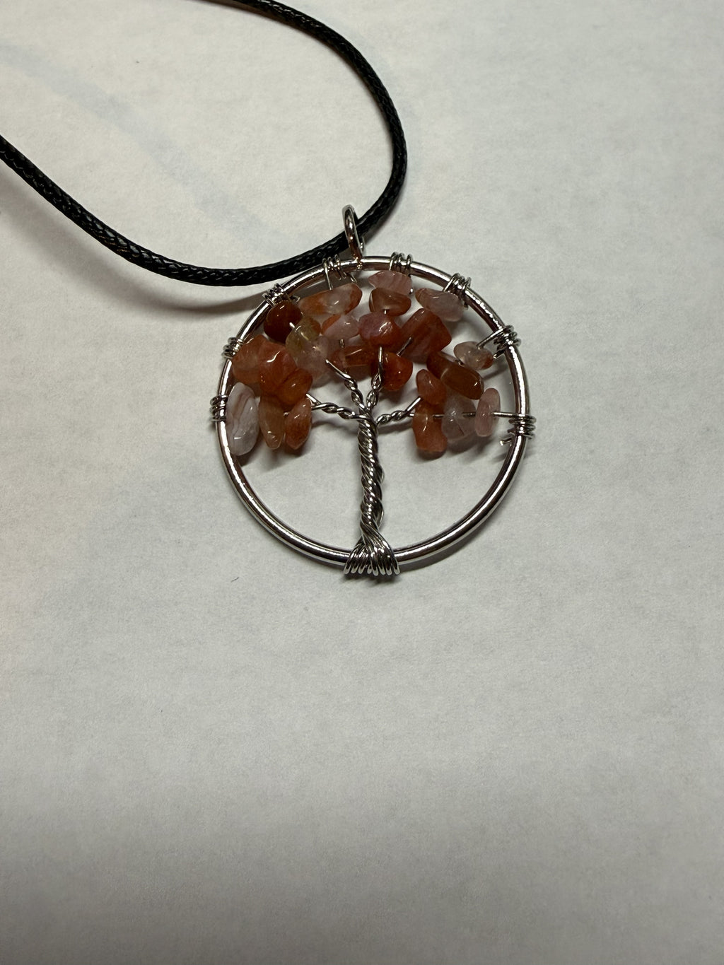 Orange Natural Agate Tree of Life Circle Necklace on 18" Faux Leather Cord – Boho Spiritual Pendant Gift