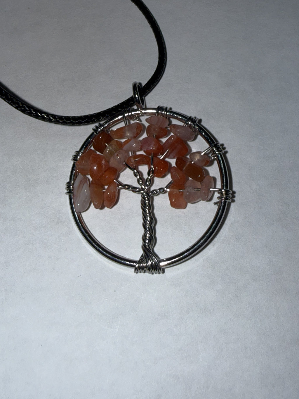 Orange Natural Agate Tree of Life Circle Necklace on 18" Faux Leather Cord – Boho Spiritual Pendant Gift