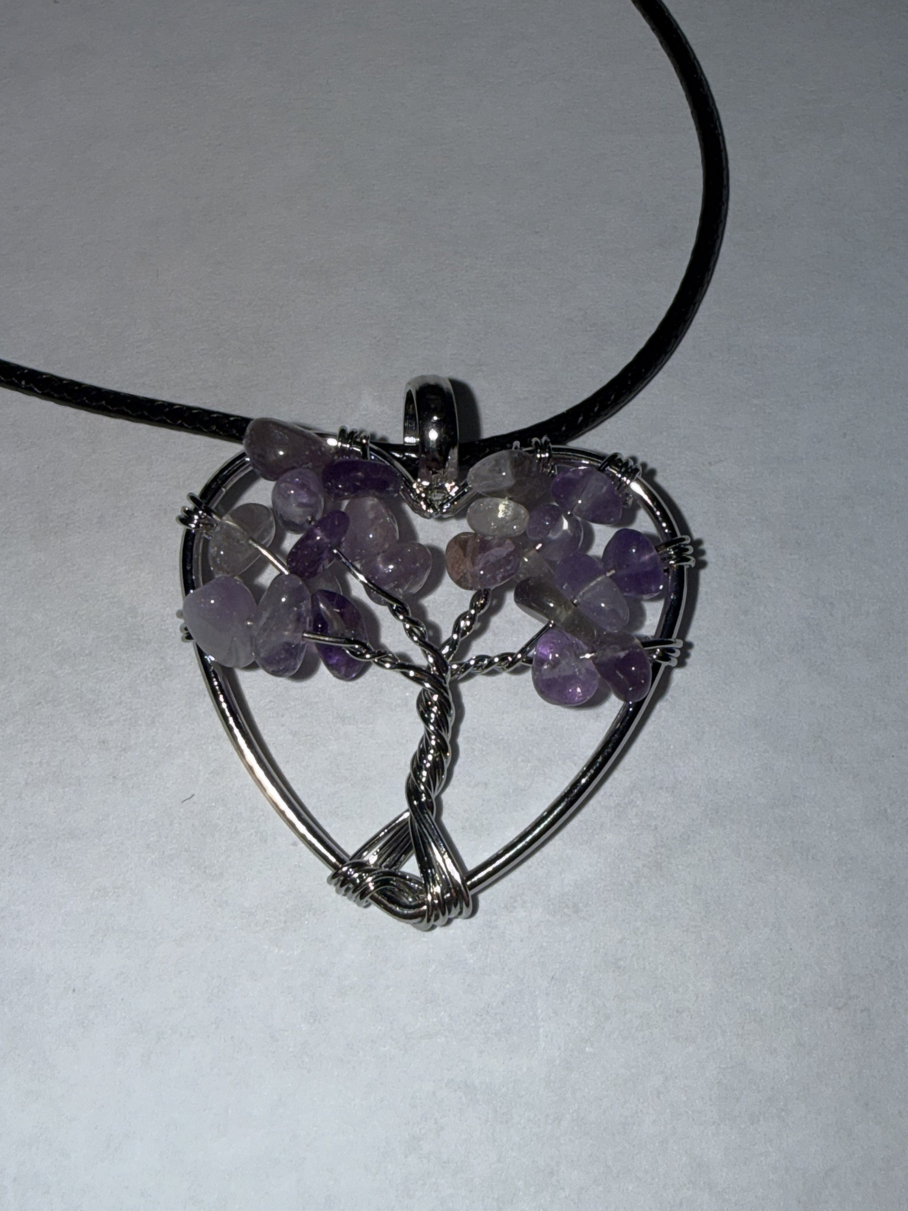 Purple Natural Agate Tree of Life Heart Necklace on 18" Faux Leather Cord – Boho Spiritual Pendant Gift