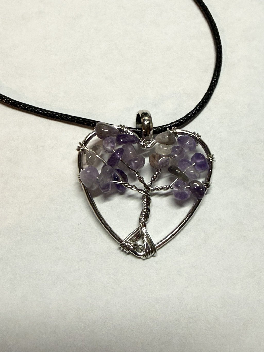 Purple Natural Agate Tree of Life Heart Necklace on 18" Faux Leather Cord – Boho Spiritual Pendant Gift