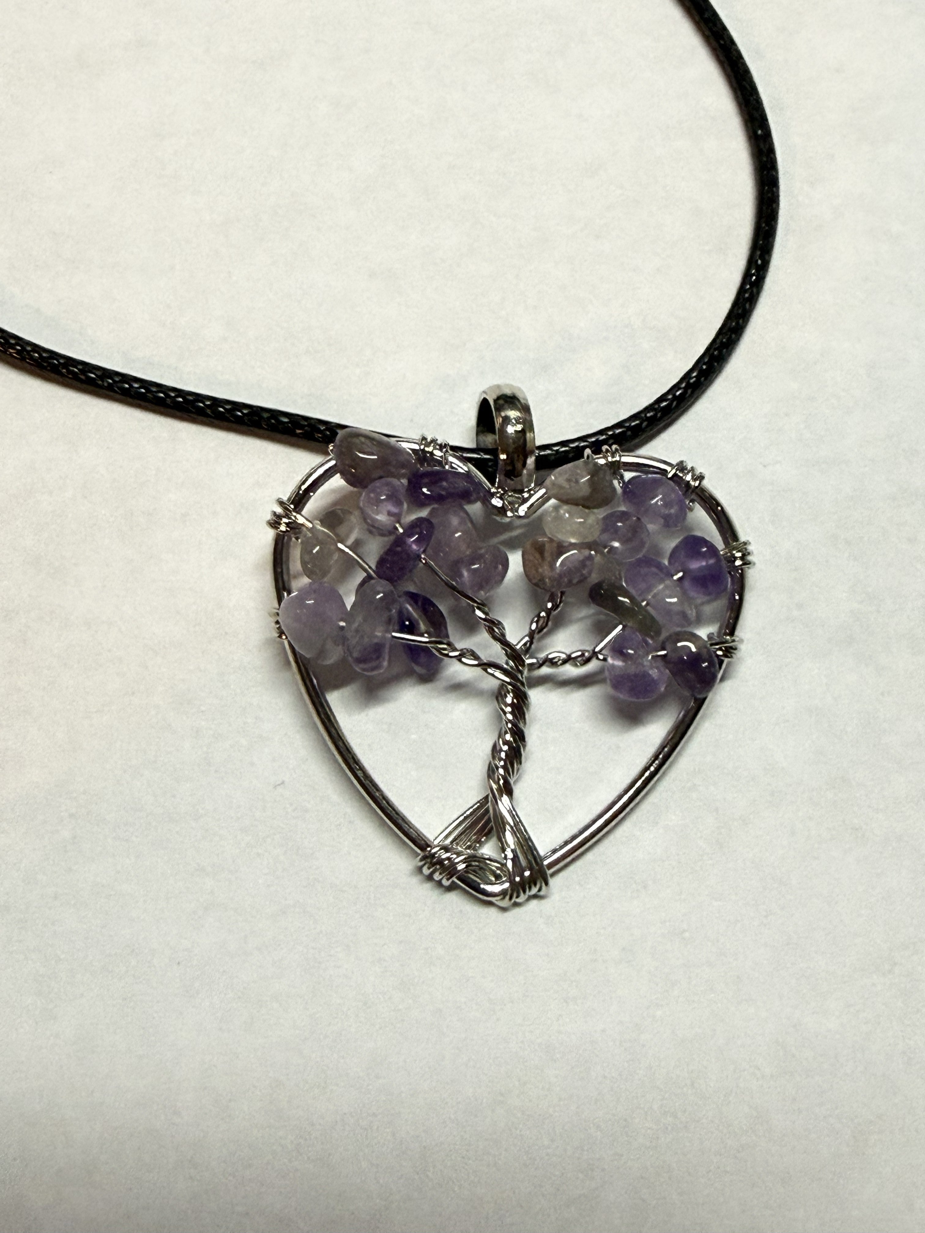Purple Natural Agate Tree of Life Heart Necklace on 18" Faux Leather Cord – Boho Spiritual Pendant Gift