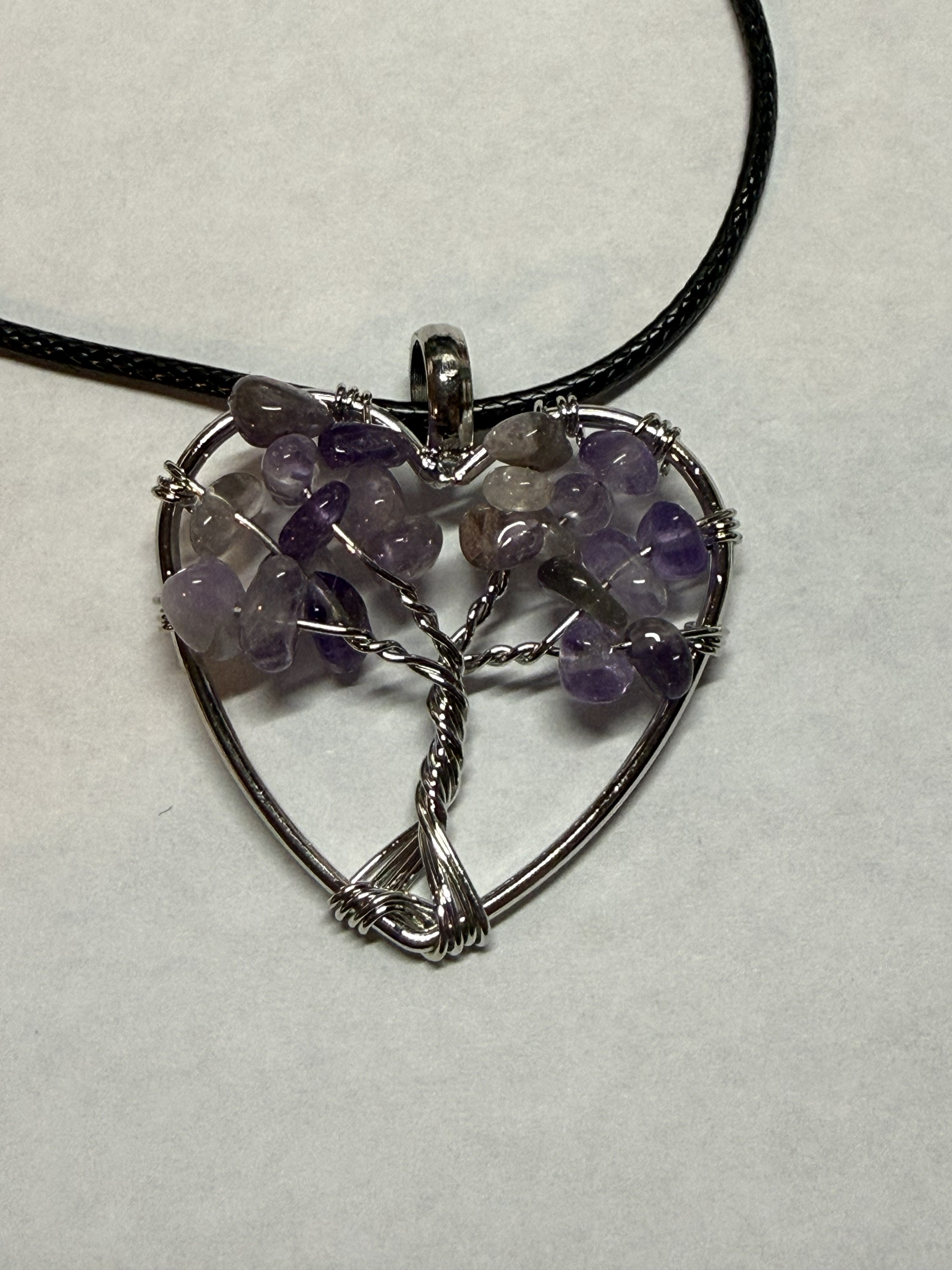 Purple Natural Agate Tree of Life Heart Necklace on 18" Faux Leather Cord – Boho Spiritual Pendant Gift