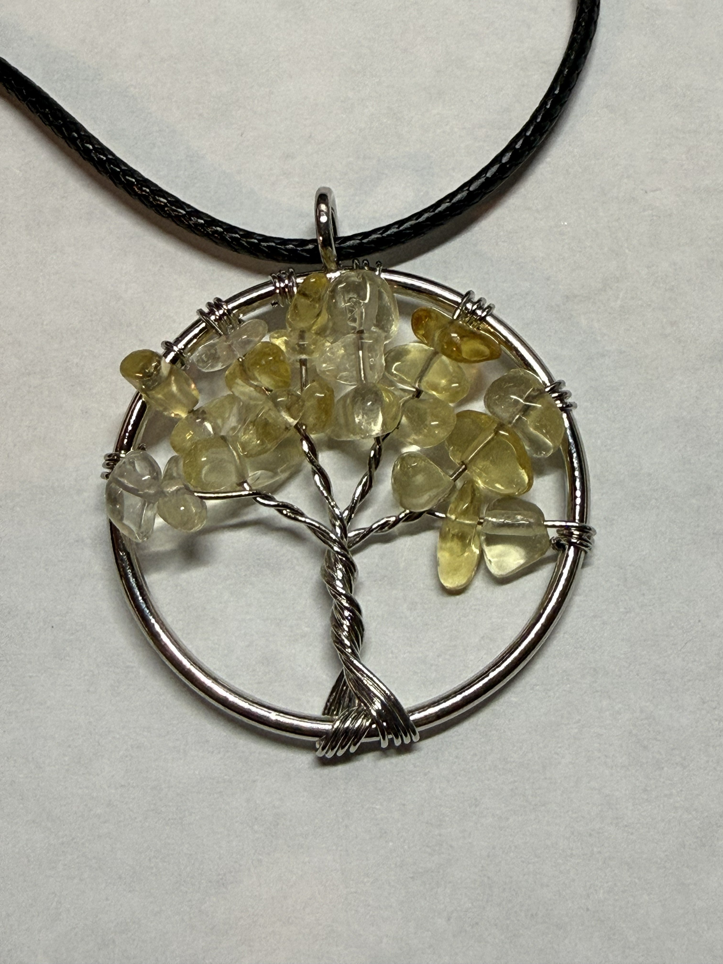 Yellow Natural Agate Tree of Life Circle Necklace on 18" Faux Leather Cord – Boho Spiritual Pendant Gift