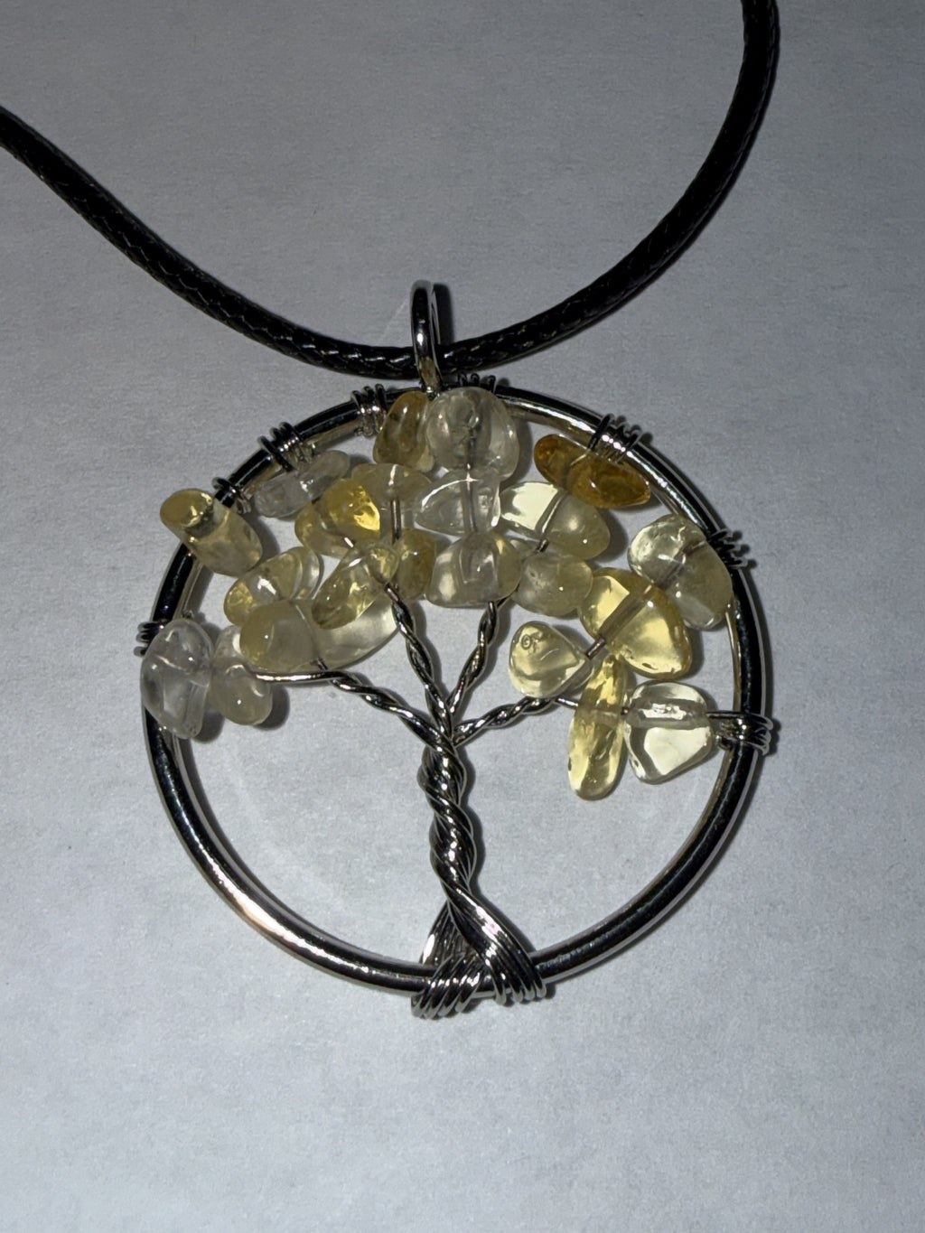 Yellow Natural Agate Tree of Life Circle Necklace on 18" Faux Leather Cord – Boho Spiritual Pendant Gift