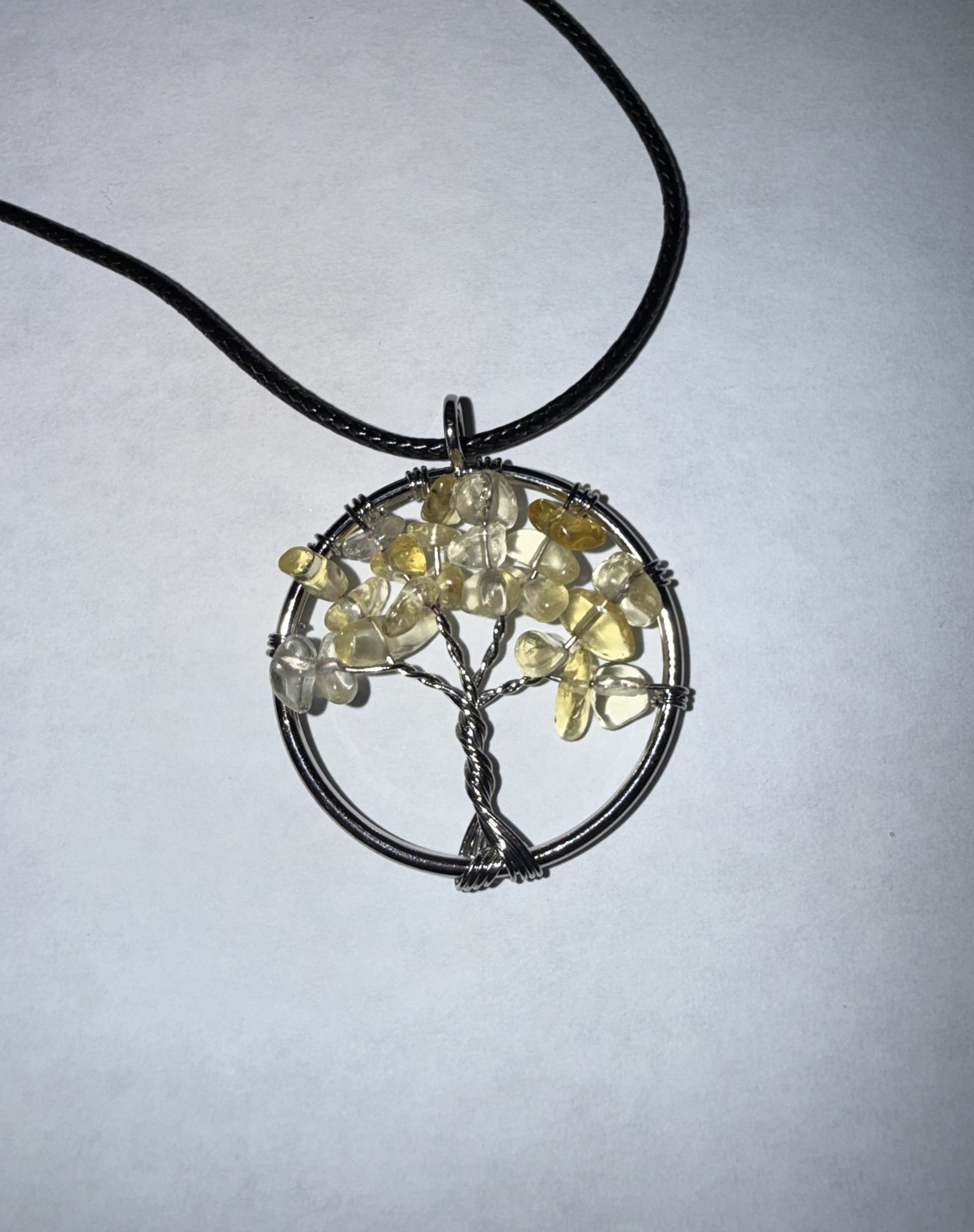 Yellow Natural Agate Tree of Life Circle Necklace on 18" Faux Leather Cord – Boho Spiritual Pendant Gift