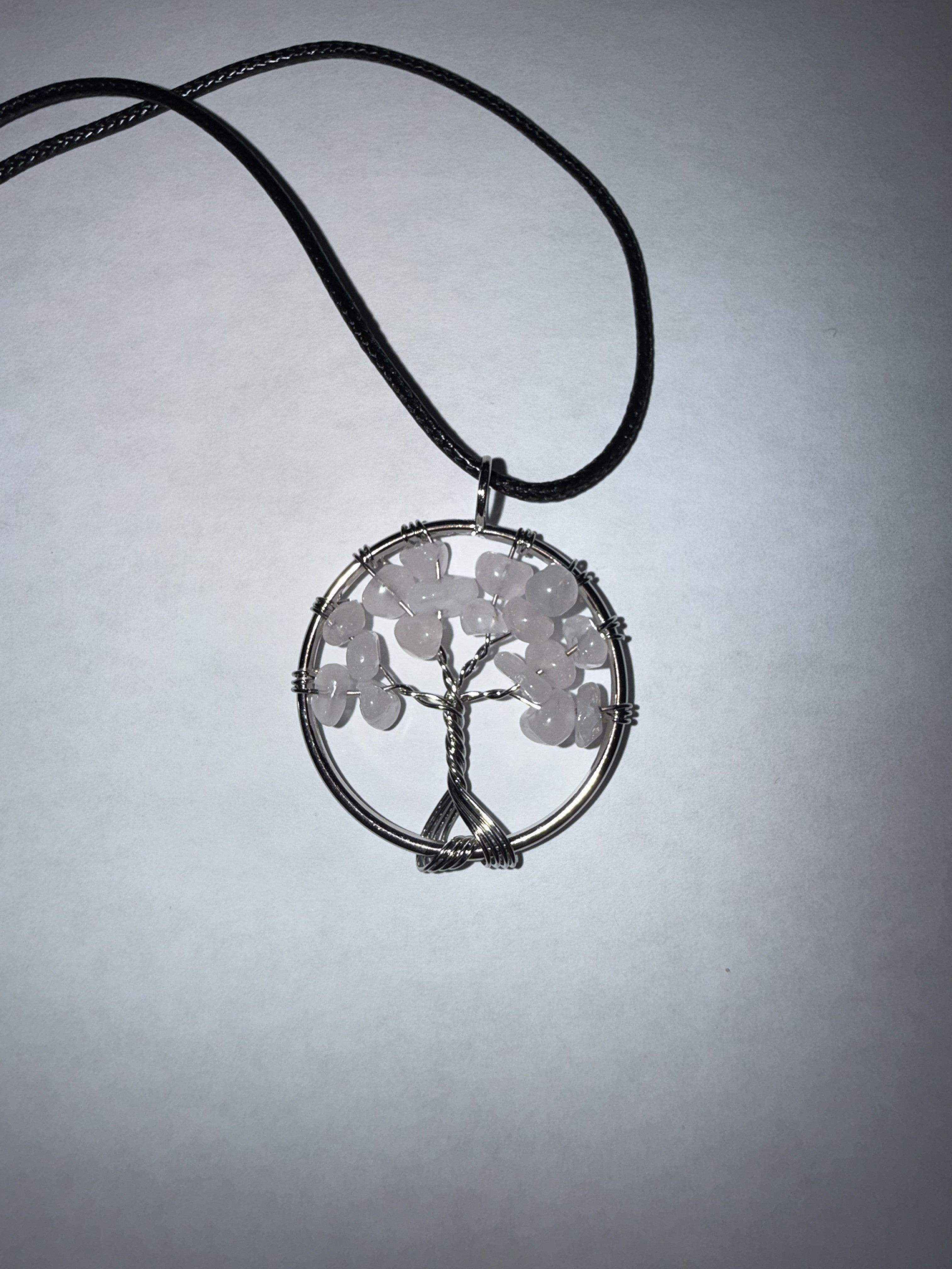 White Natural Agate Tree of Life Circle Necklace on 18" Faux Leather Cord – Boho Spiritual Pendant Gift