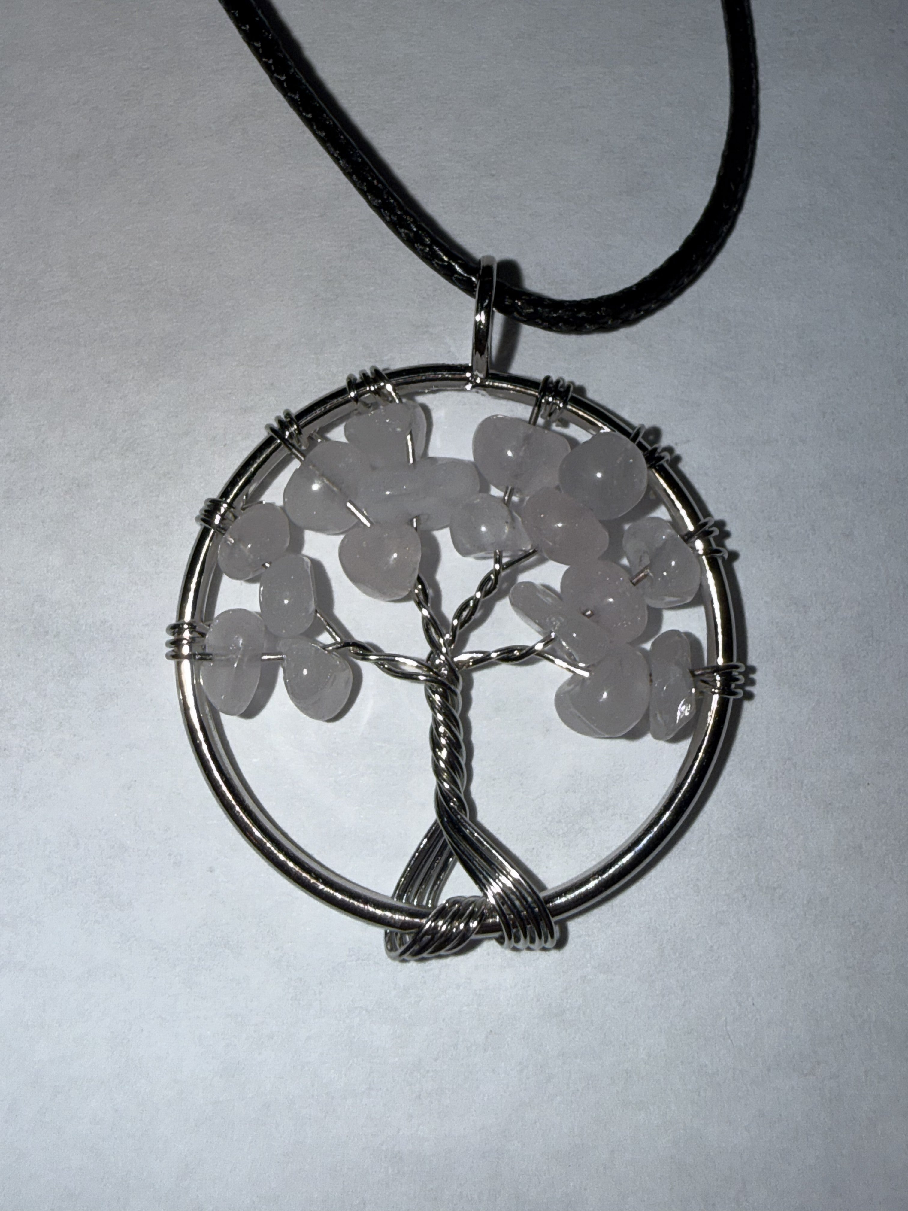 White Natural Agate Tree of Life Circle Necklace on 18" Faux Leather Cord – Boho Spiritual Pendant Gift