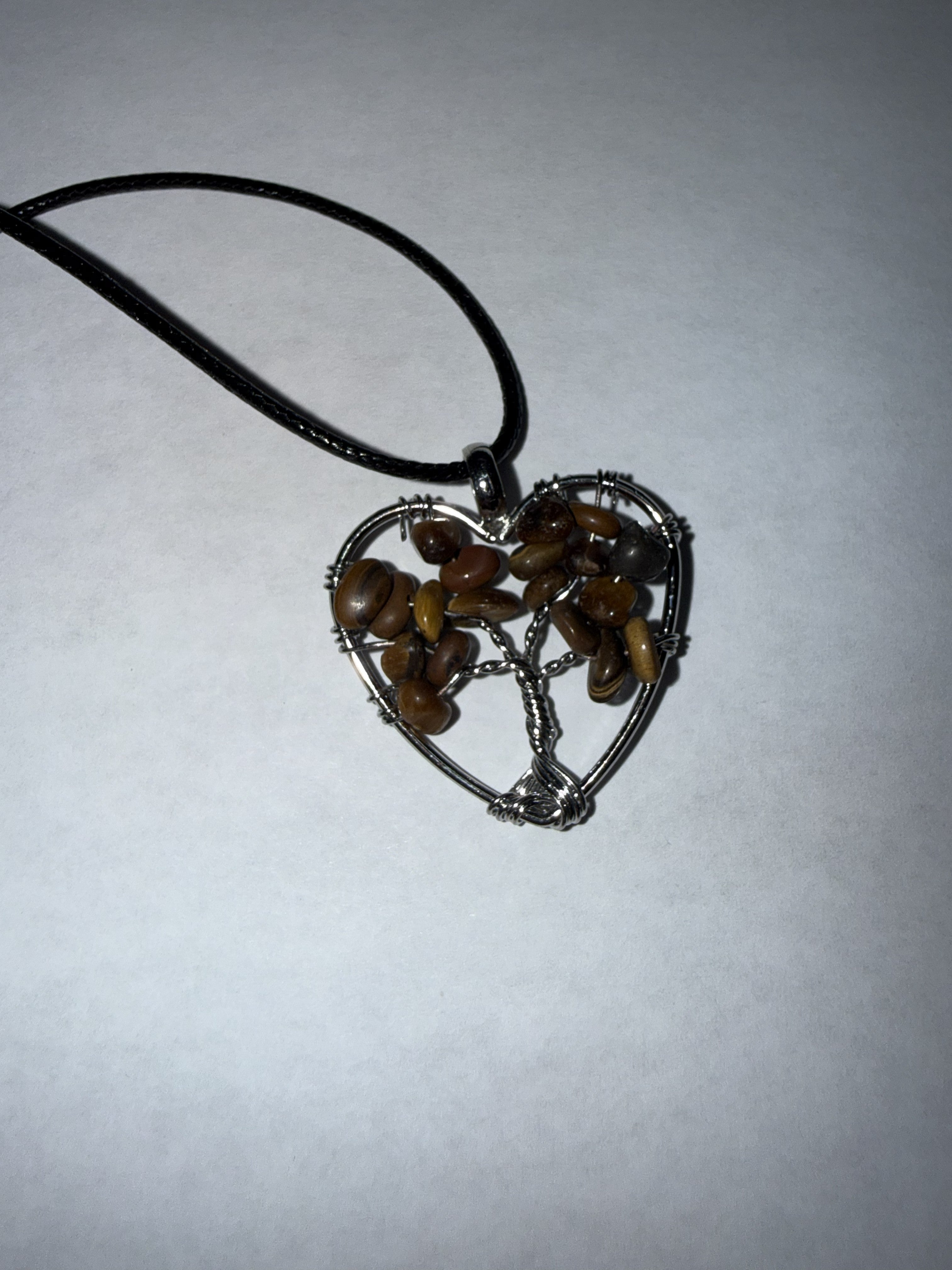 Brown Natural Agate Tree of Life Heart Necklace on 18" Faux Leather Cord – Boho Spiritual Pendant Gift