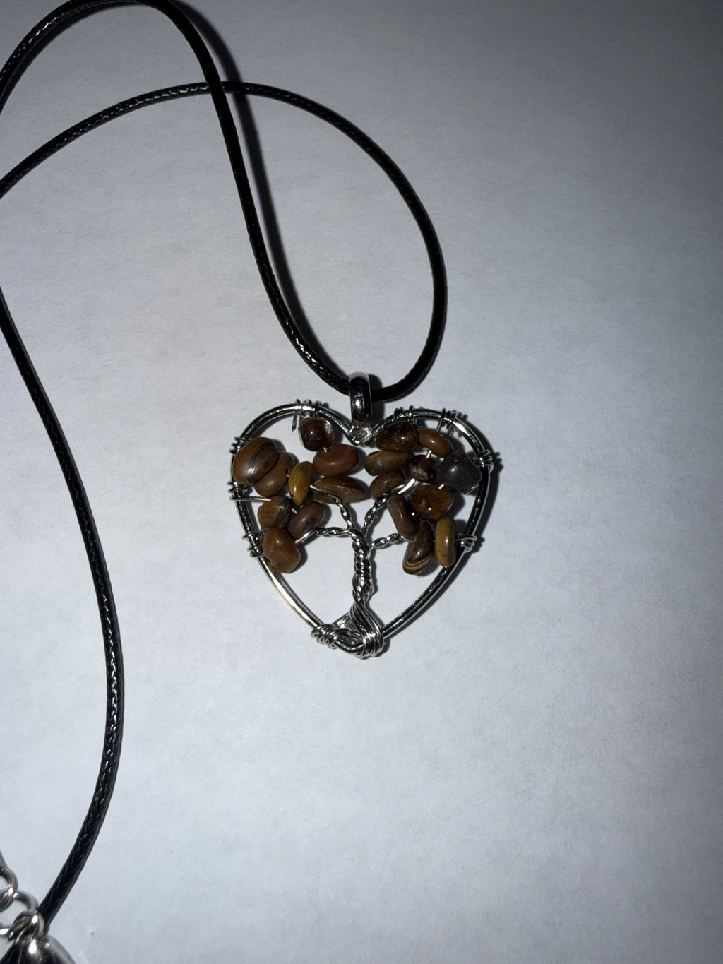 Brown Natural Agate Tree of Life Heart Necklace on 18" Faux Leather Cord – Boho Spiritual Pendant Gift
