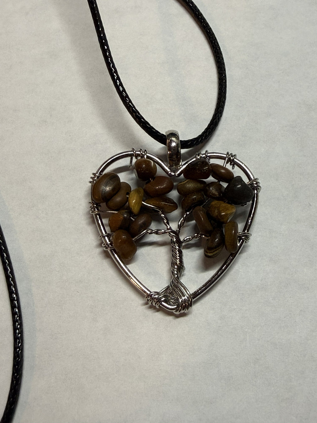 Brown Natural Agate Tree of Life Heart Necklace on 18" Faux Leather Cord – Boho Spiritual Pendant Gift