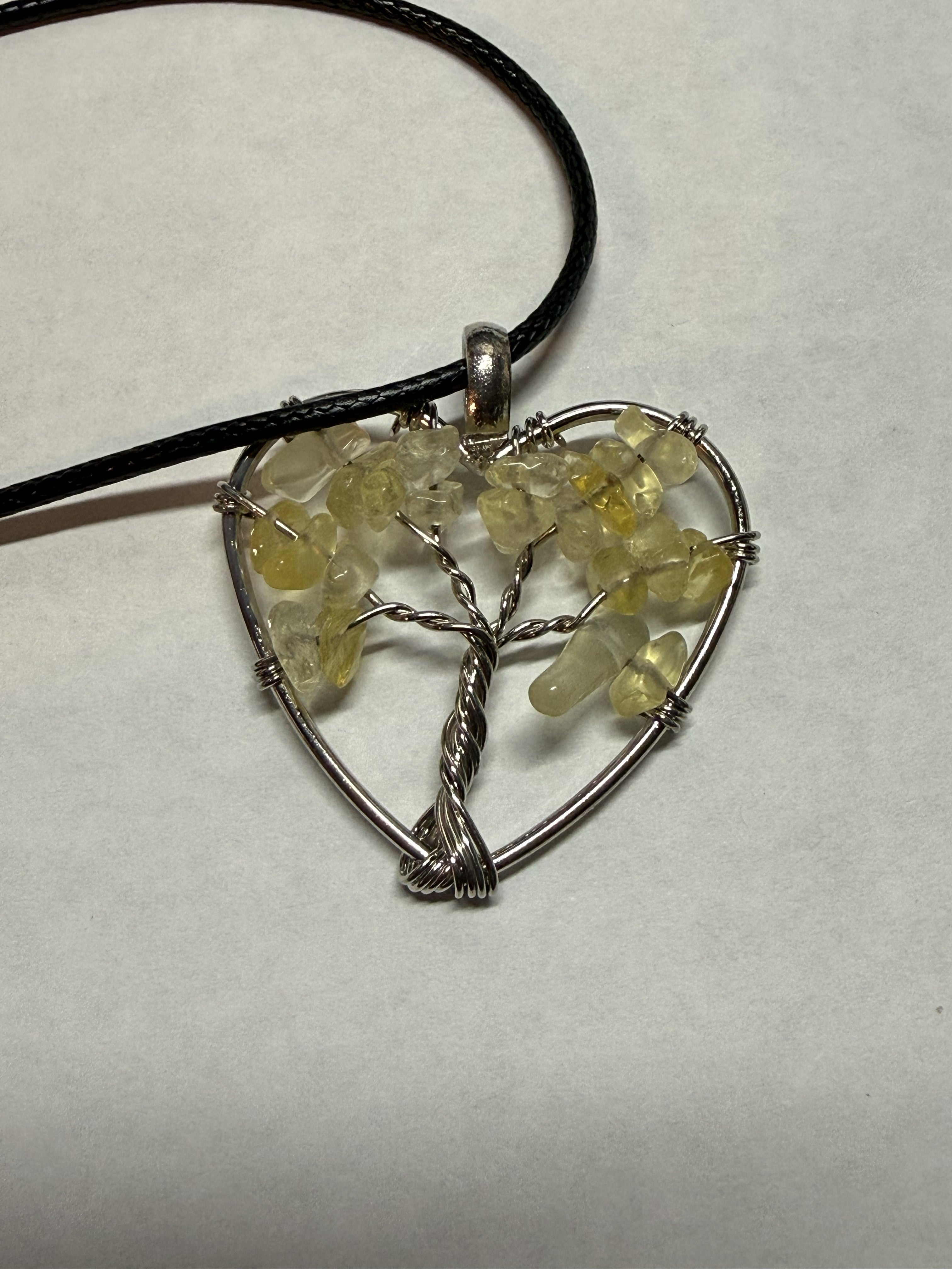 Yellow Natural Agate Tree of Life Heart Necklace on 18" Faux Leather Cord – Boho Spiritual Pendant Gift
