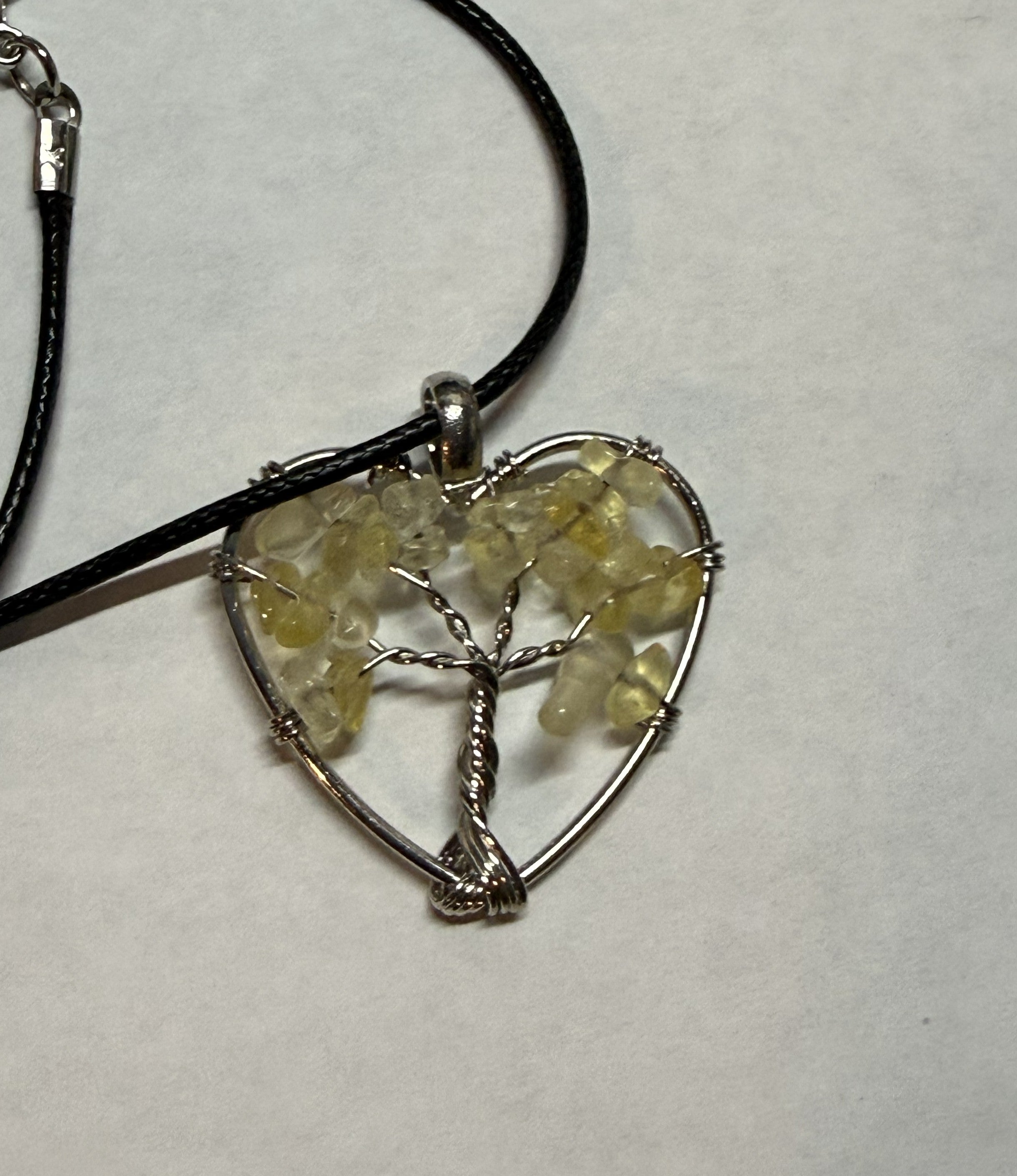 Yellow Natural Agate Tree of Life Heart Necklace on 18" Faux Leather Cord – Boho Spiritual Pendant Gift