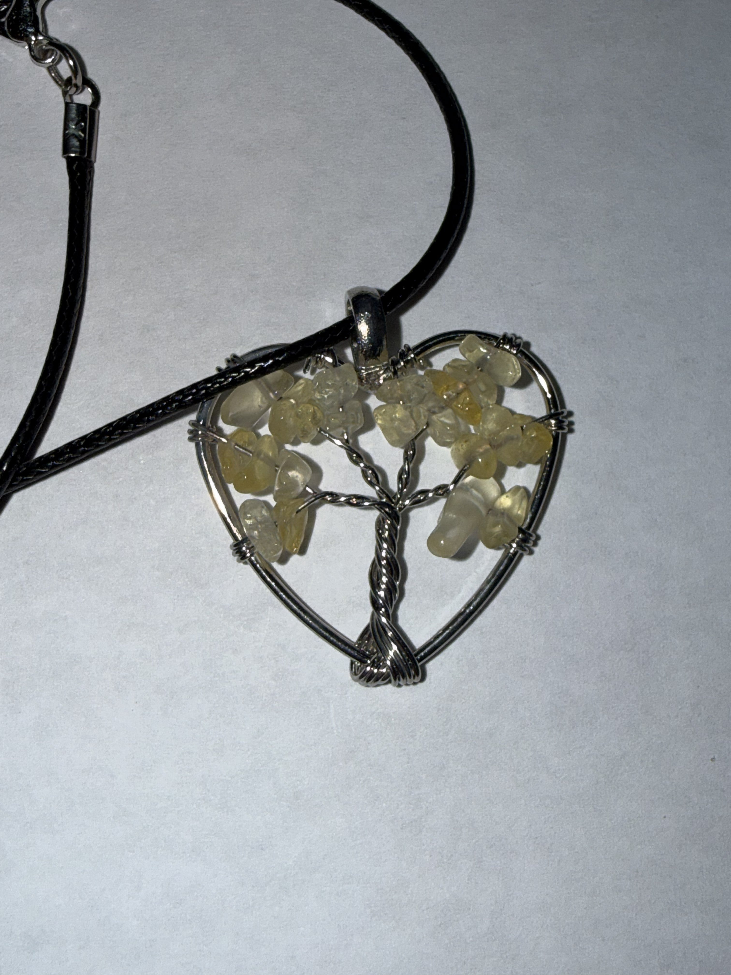 Yellow Natural Agate Tree of Life Heart Necklace on 18" Faux Leather Cord – Boho Spiritual Pendant Gift
